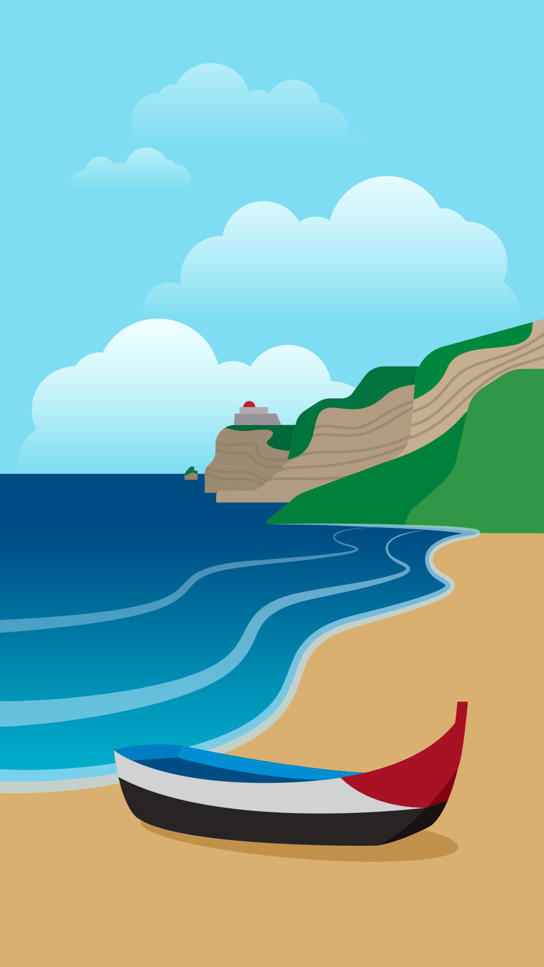 Boat on a sandy beach with ocean and cliffs.