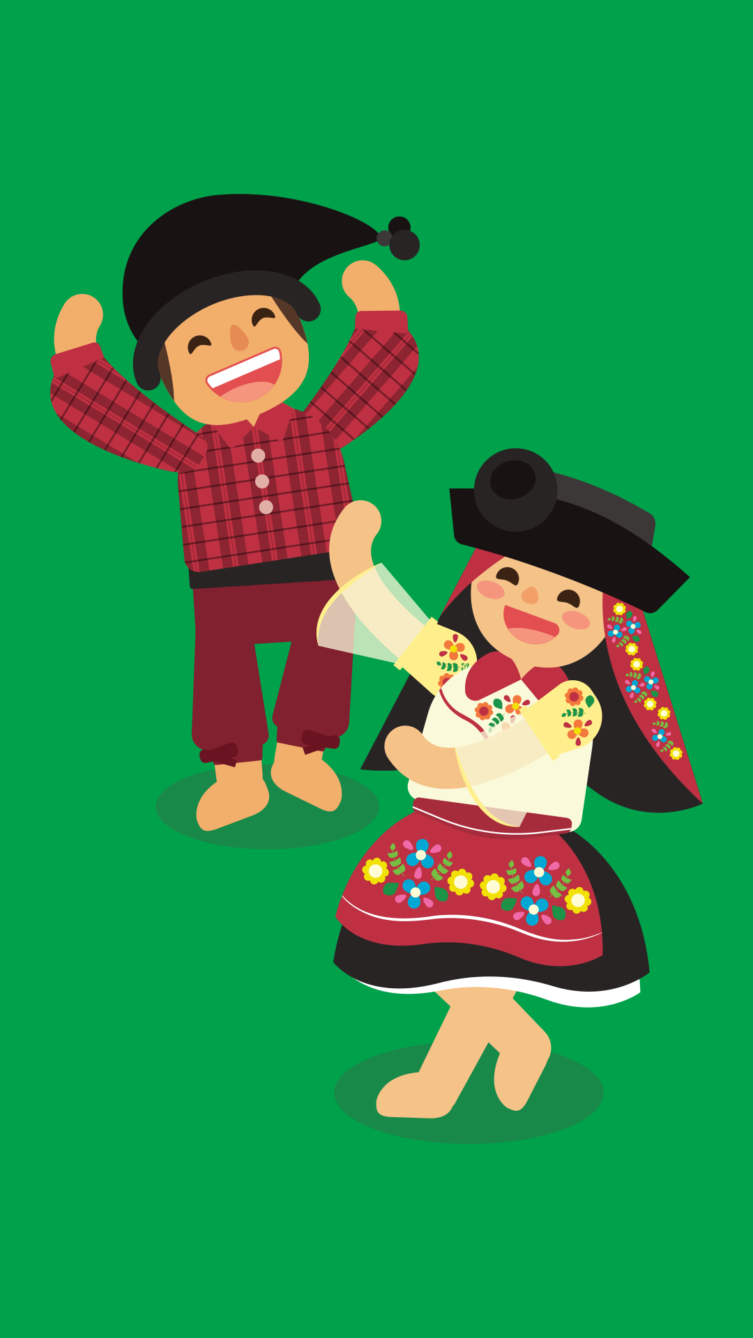 Two people in traditional clothing dancing happily