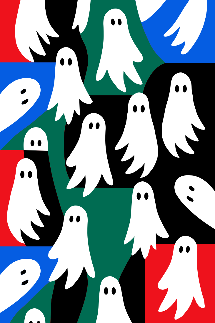 Weiße Cartoon-Geister auf einem farbenfrohen abstrakten Hintergrund