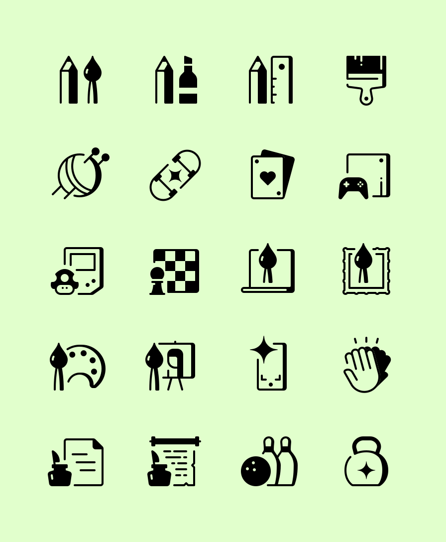 Collection of black icons representing hobbies and crafts.