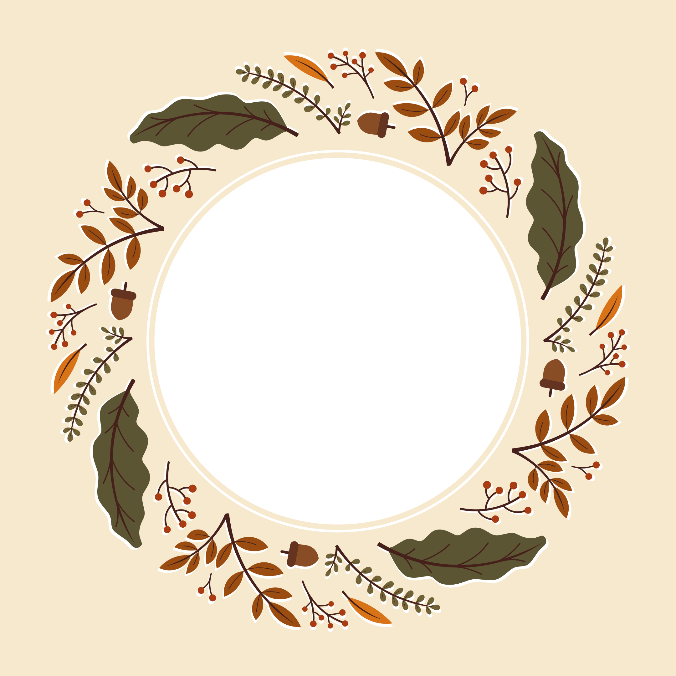 Autumn leaves and acorns form a circular wreath.