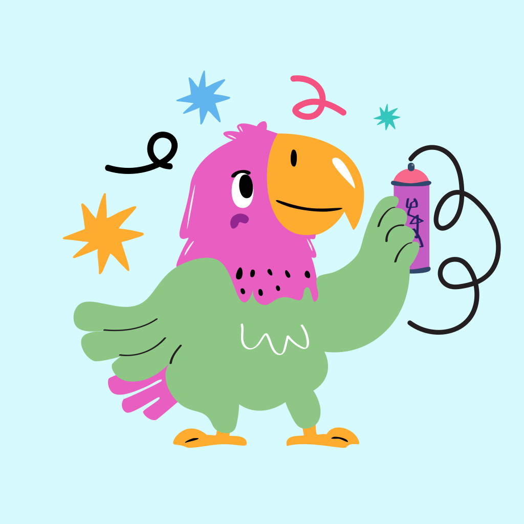 A cartoon parrot holding a spray paint can