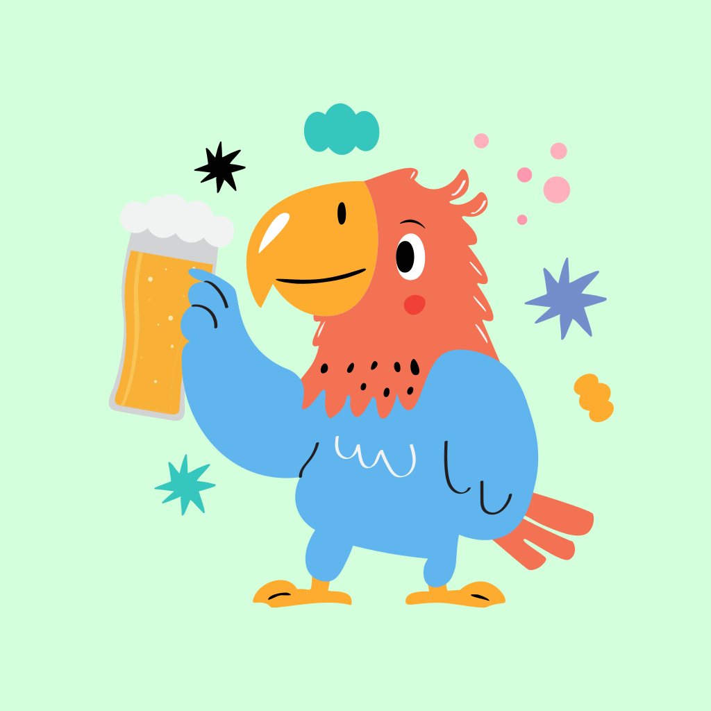 A parrot holding a glass of beer