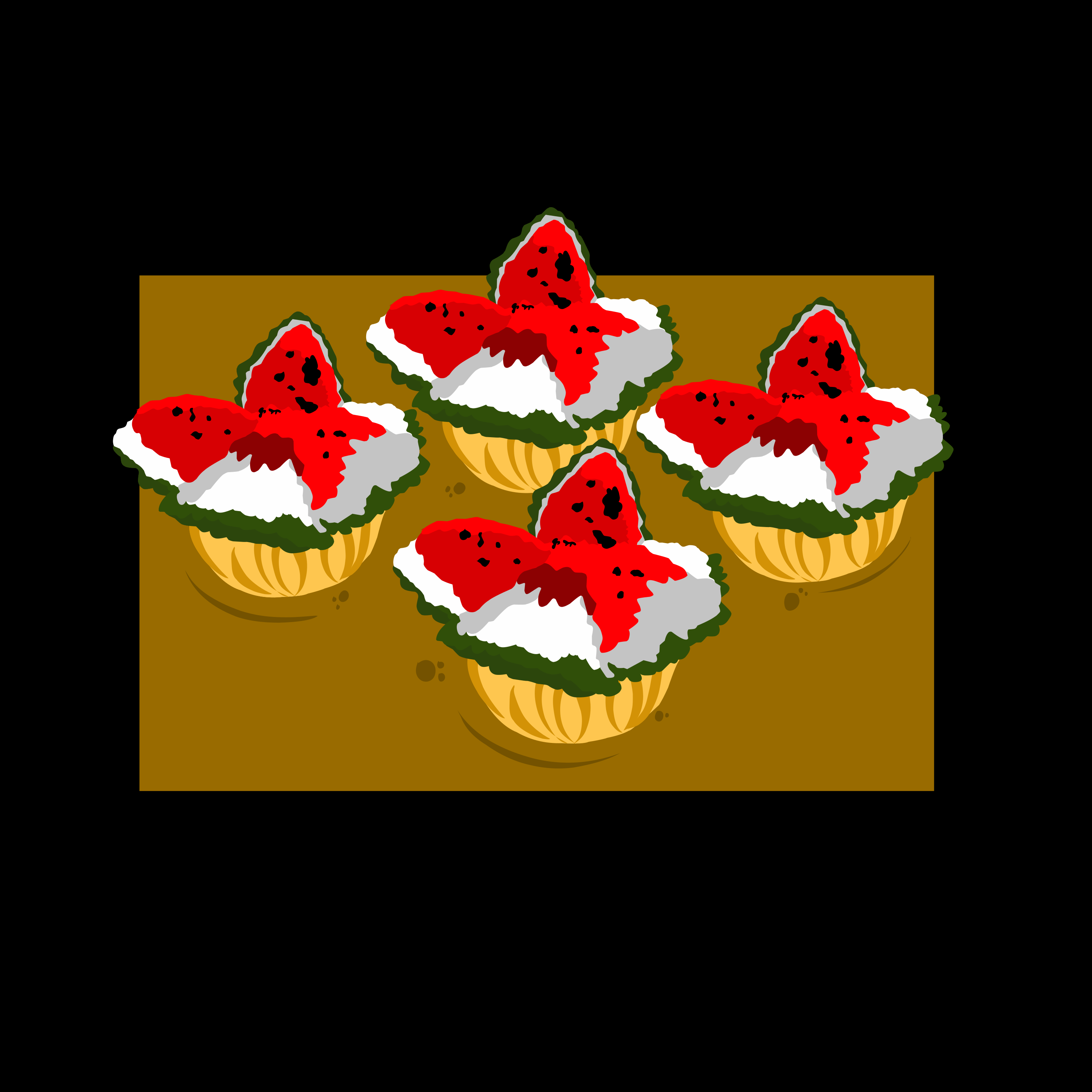Four cupcakes with red and white frosting