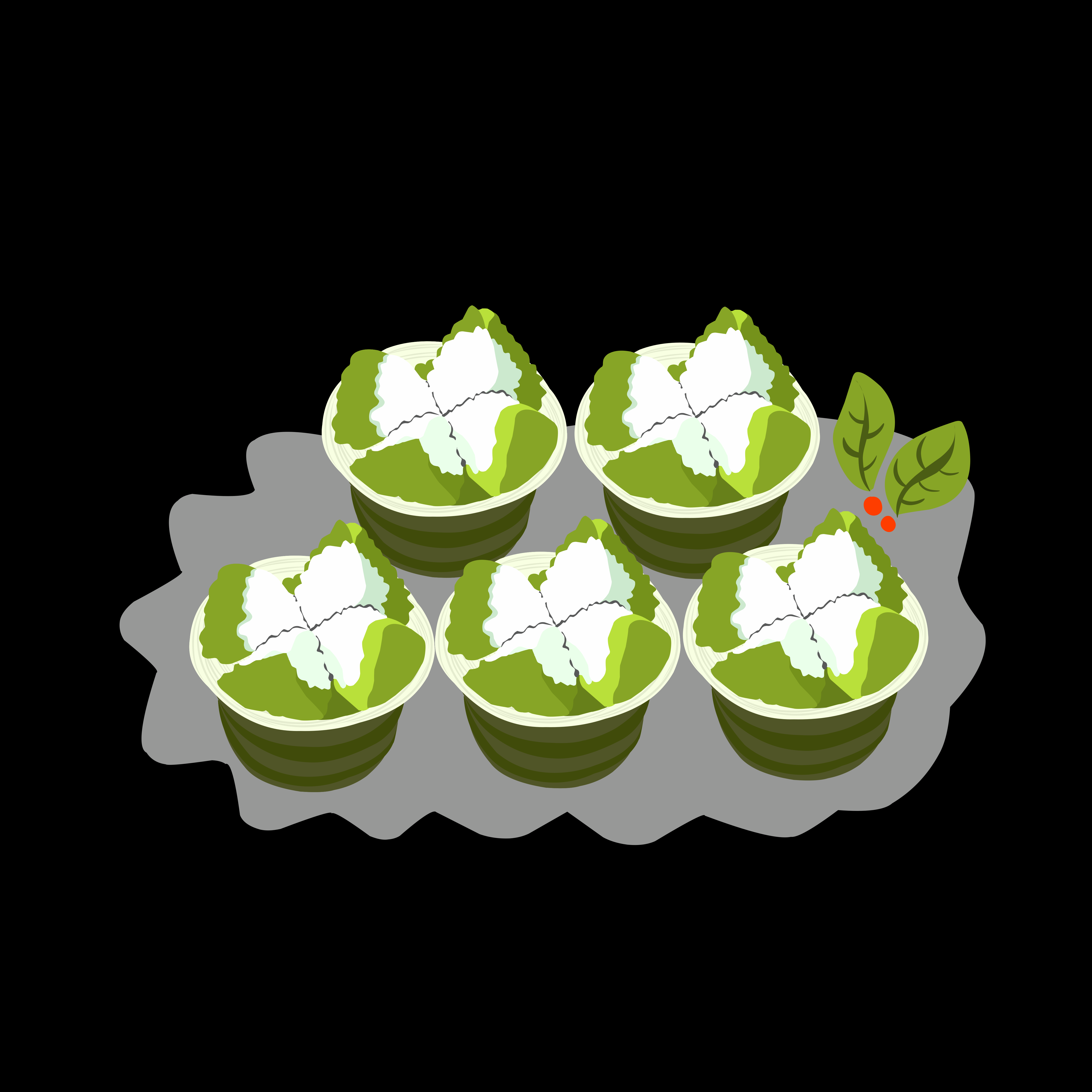 Five green cupcakes with white frosting on a plate.