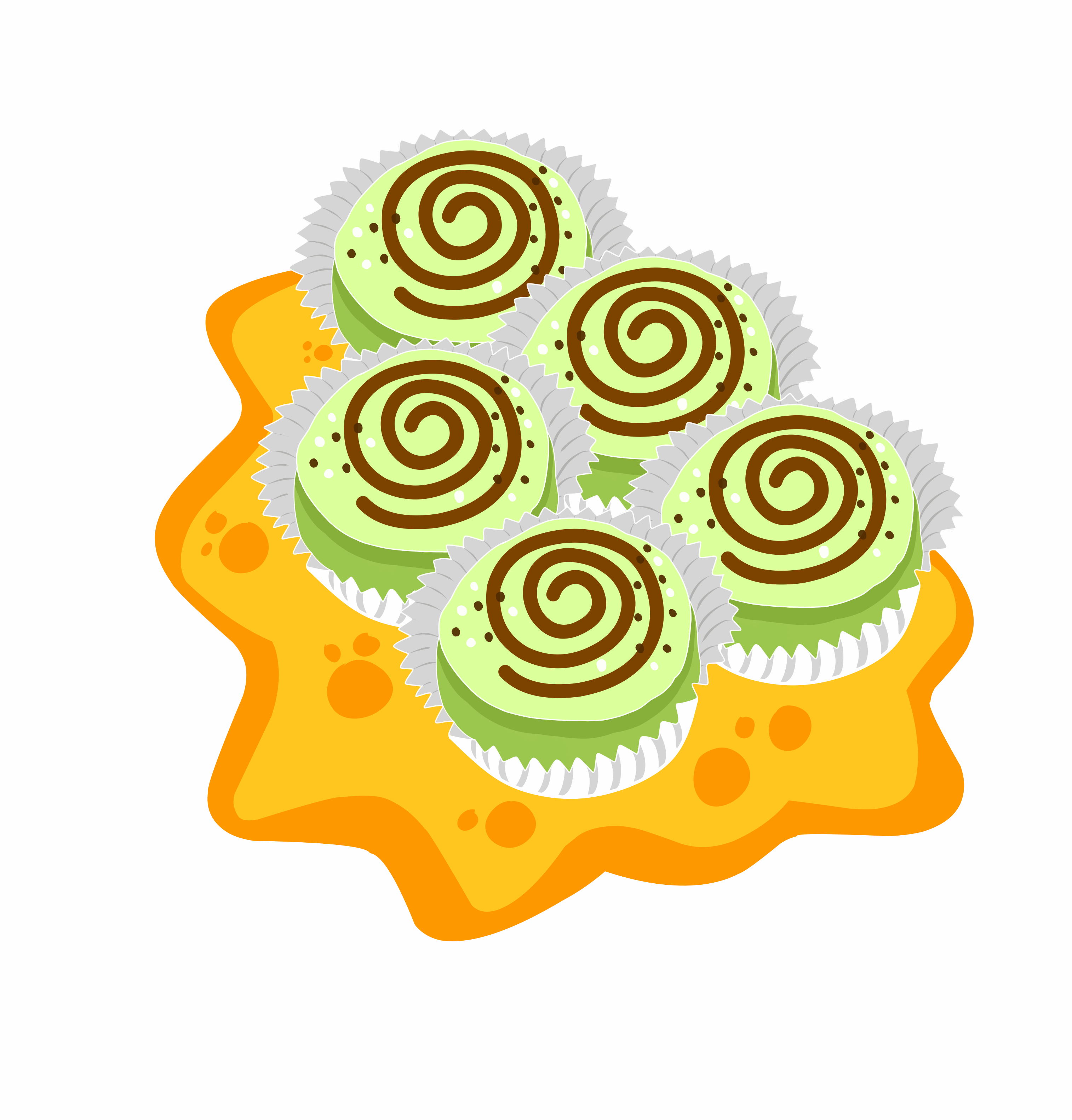 Five green pastries with chocolate swirls on yellow plate