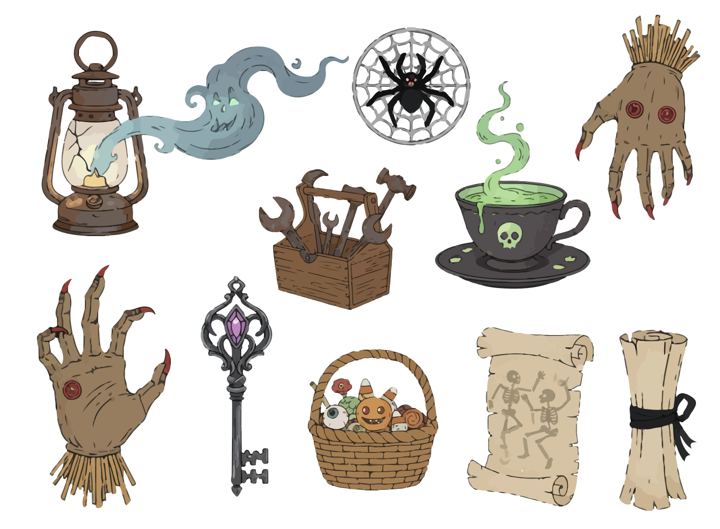 Halloween-themed objects including a lantern, spider, and potion.