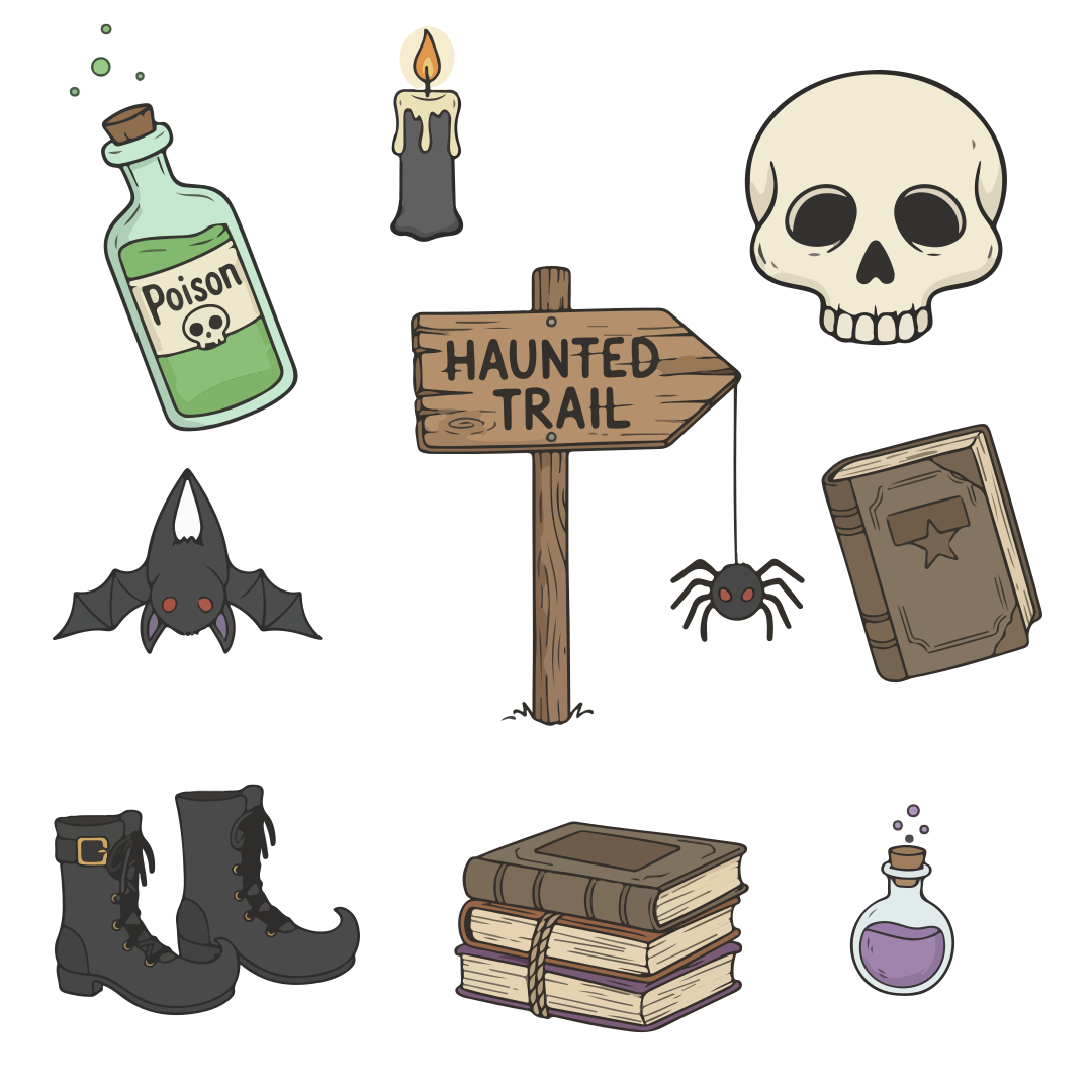 Halloween objects including skull, bat, and poison bottle.