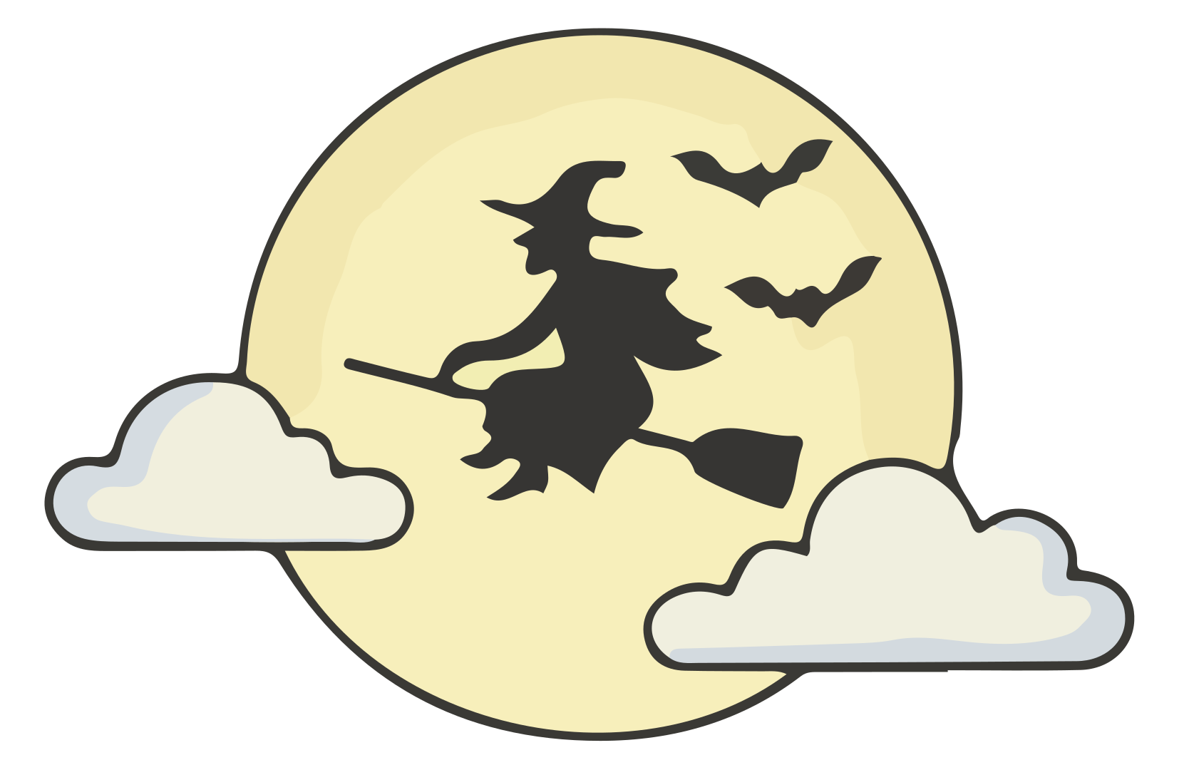 Silhouette of a witch flying on a broomstick at night.