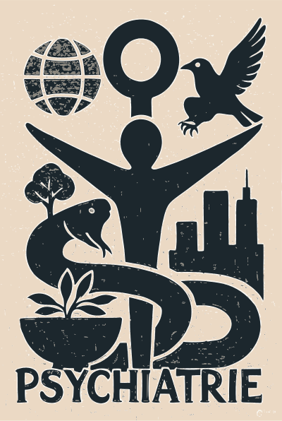 Symbolic representation of psychiatry with globe, woman, bird, snake, city.