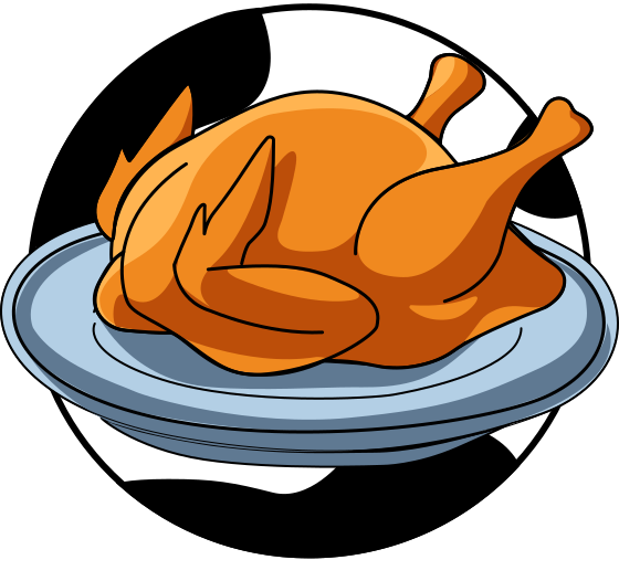 A whole roasted chicken on a blue plate.