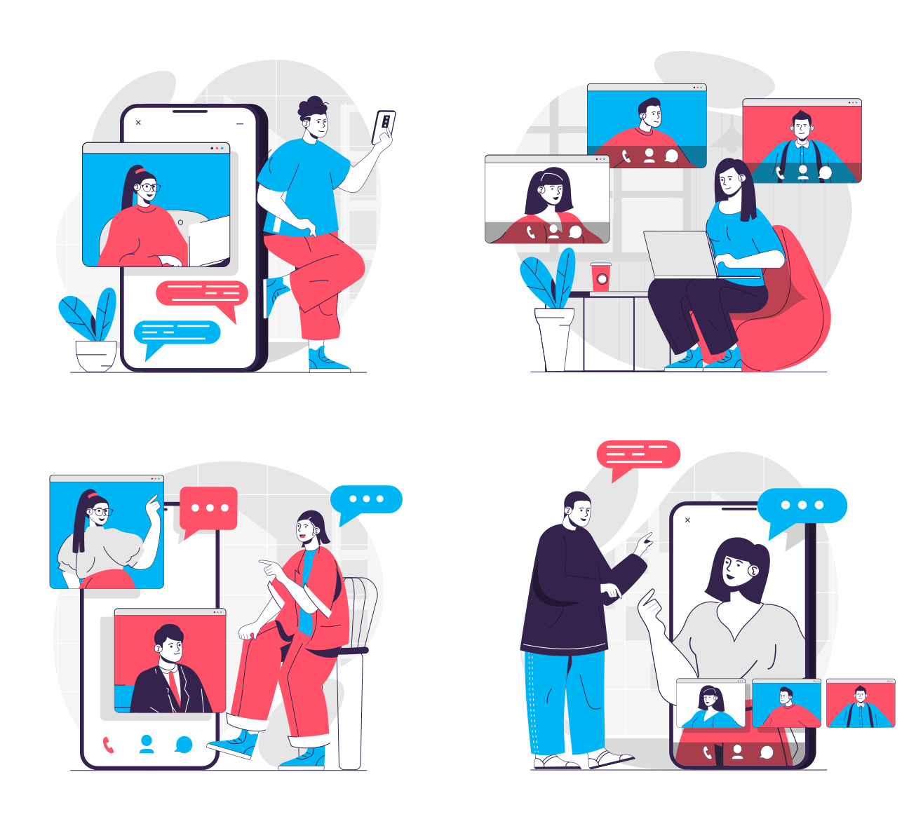 People communicating through digital devices and video calls.