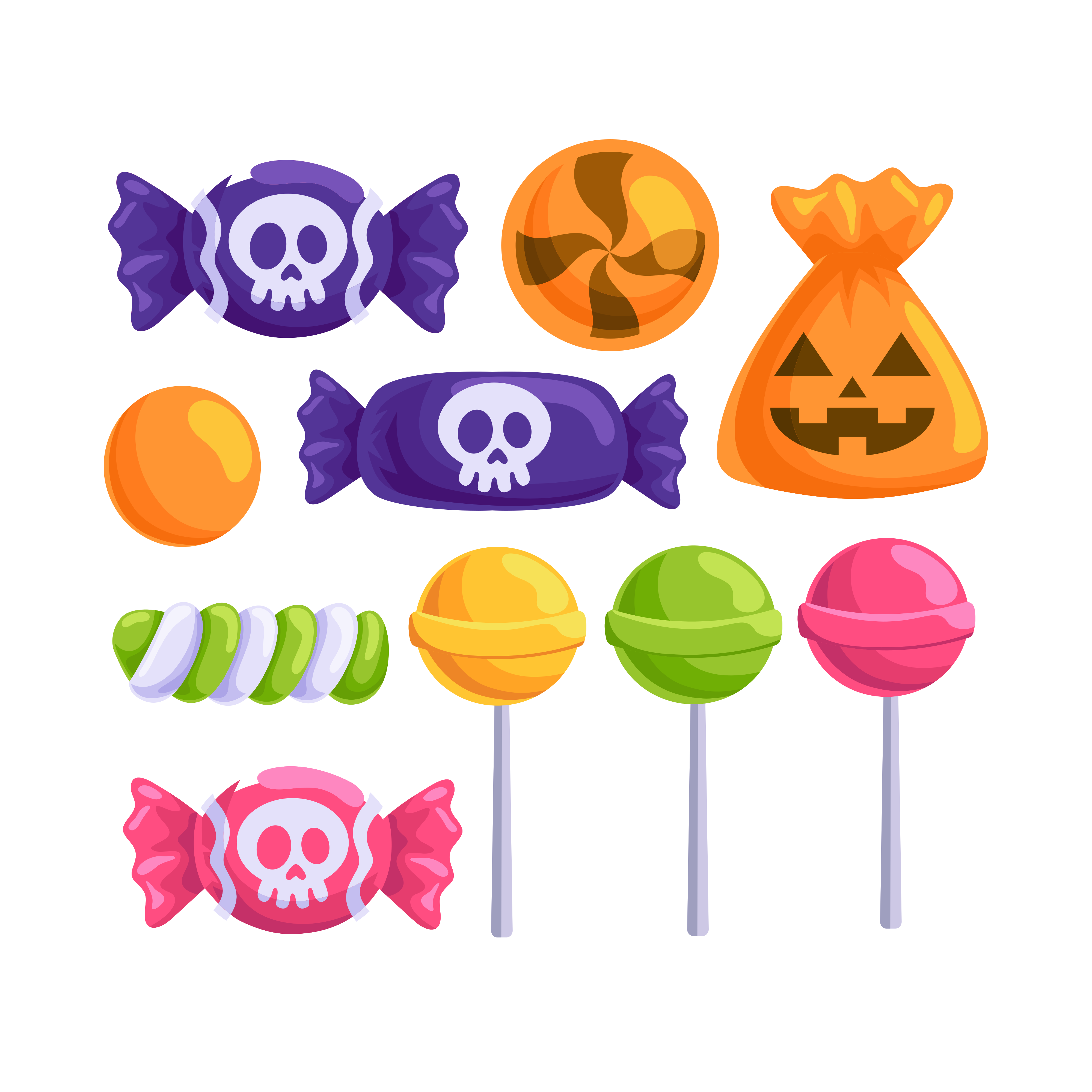 Halloween candies and lollipops with spooky designs.