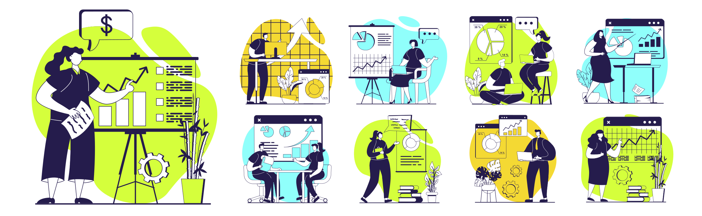 Business people analyzing charts and data on screens.