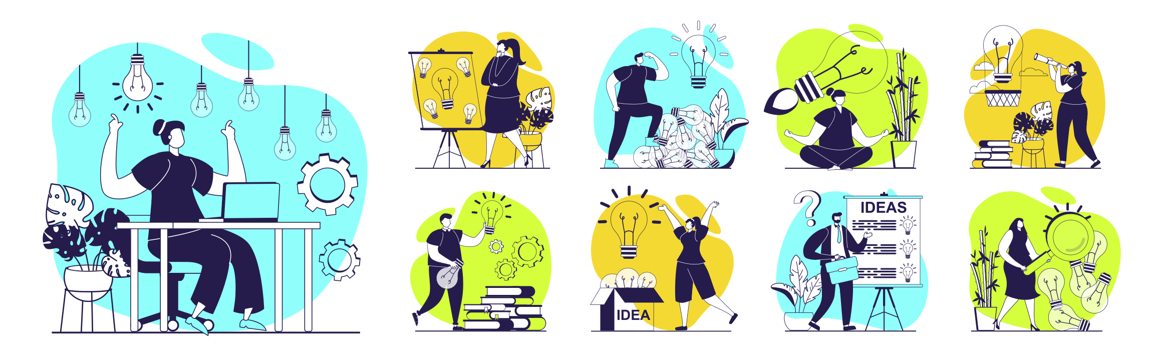 Collection of people working and exercising in colorful abstract shapes.