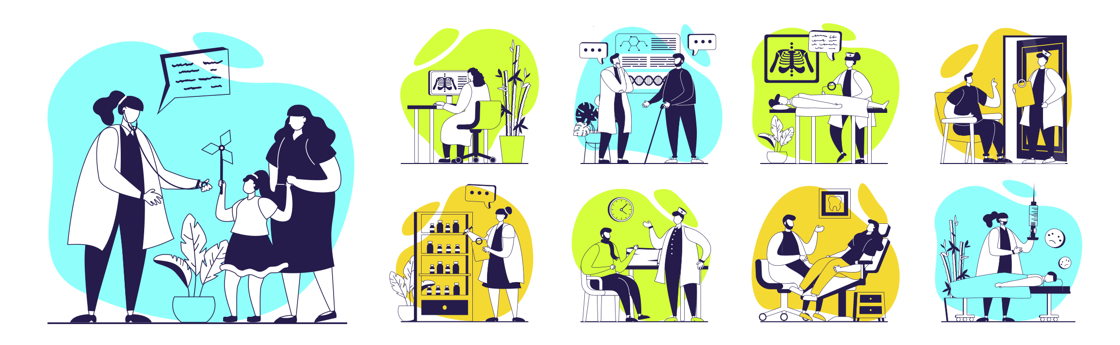 Scenes of people interacting in various medical settings.