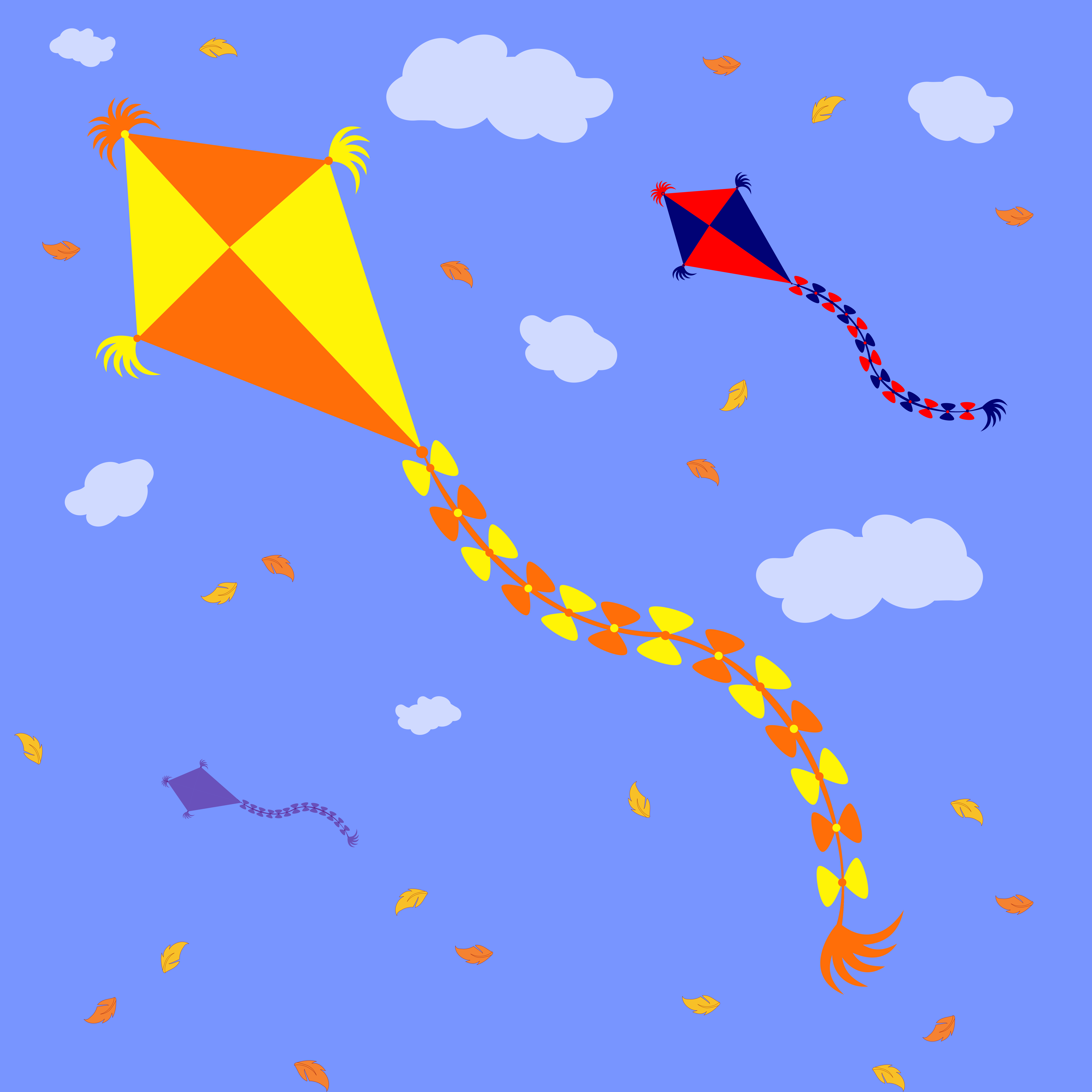 Colorful kites flying in a blue sky with clouds.