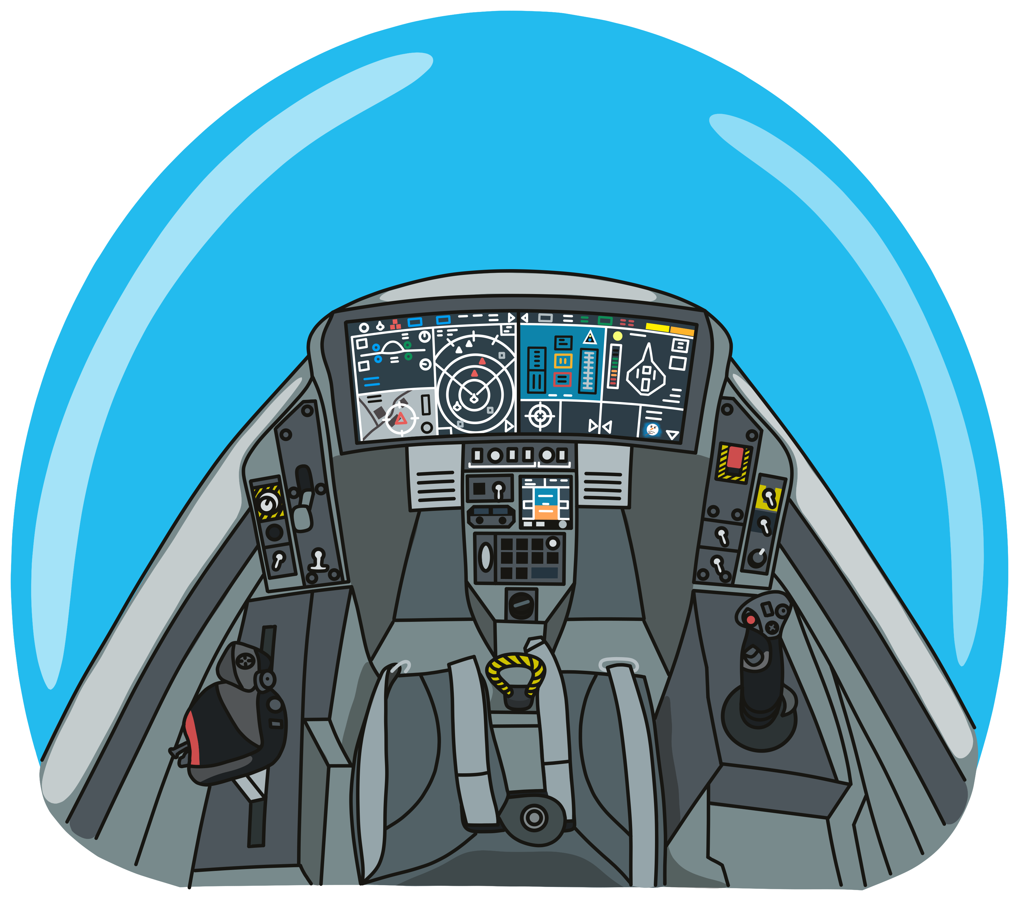 Cockpit of a modern fighter jet with complex controls