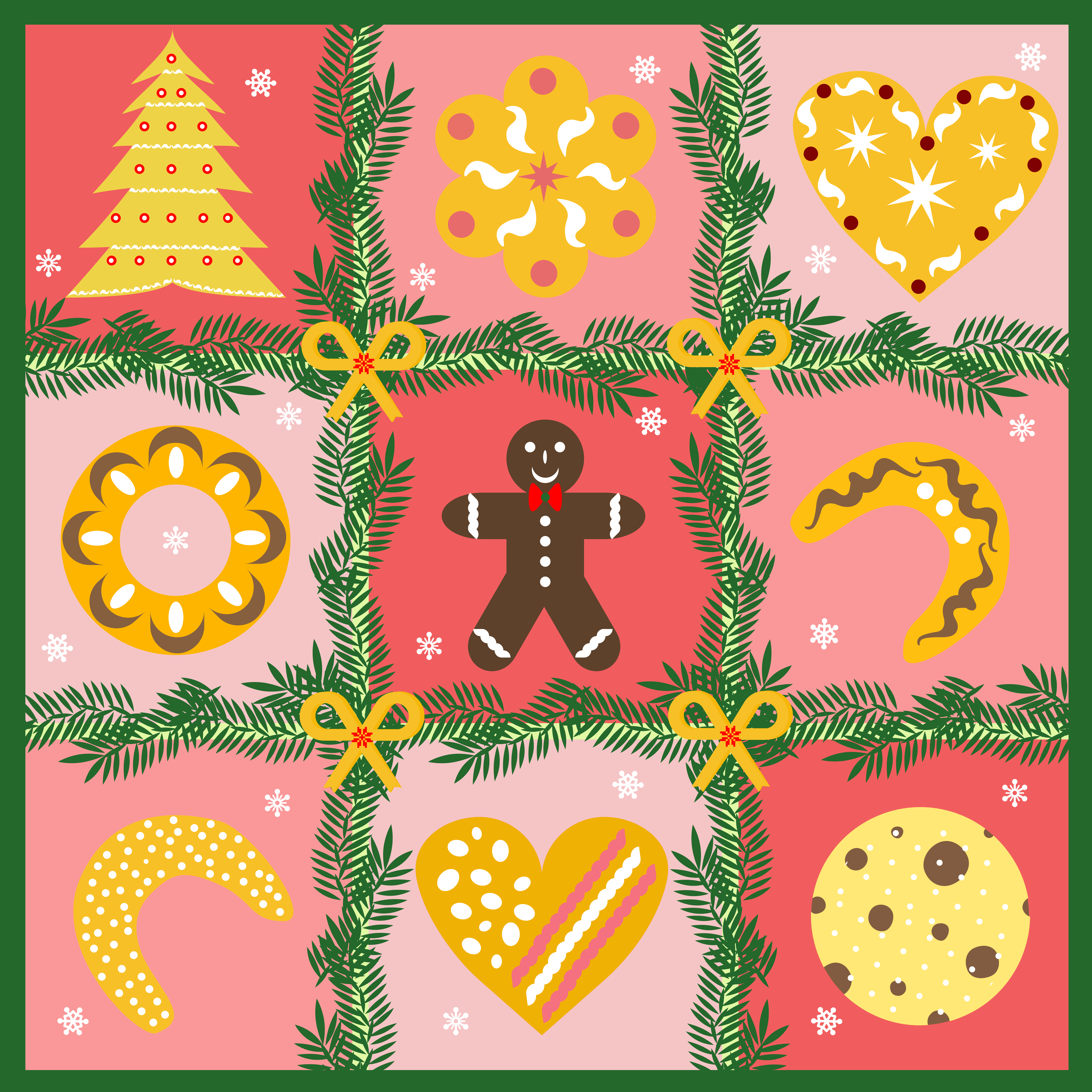 Christmas cookies and pine branches arranged in a grid.