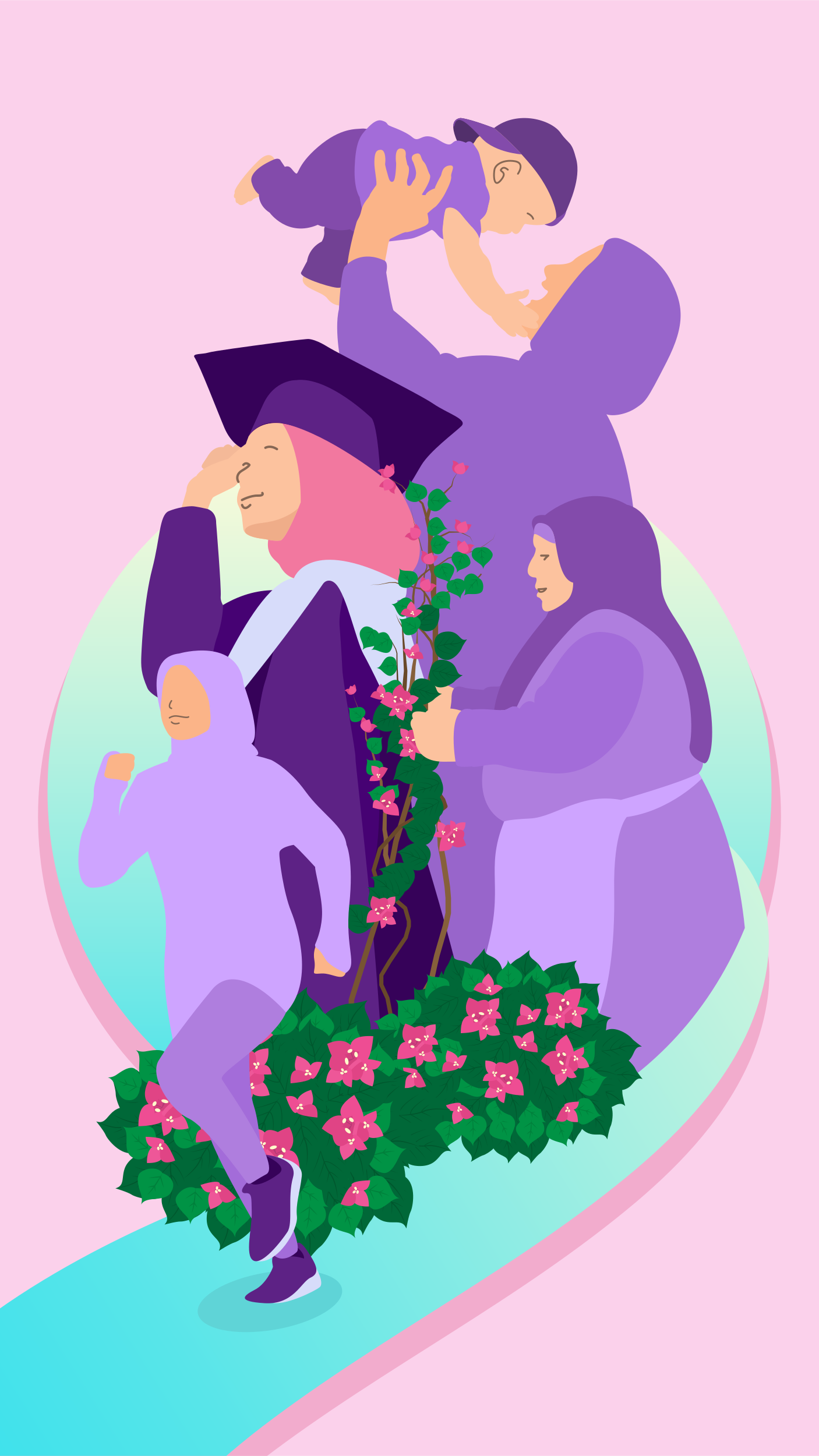 Gerações de mulheres avançando pelos marcos da vida.