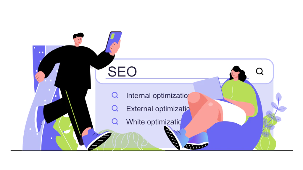 Илюстрация на хора, работещи върху SEO стратегия с лента за търсене, представляваща органична оптимизация