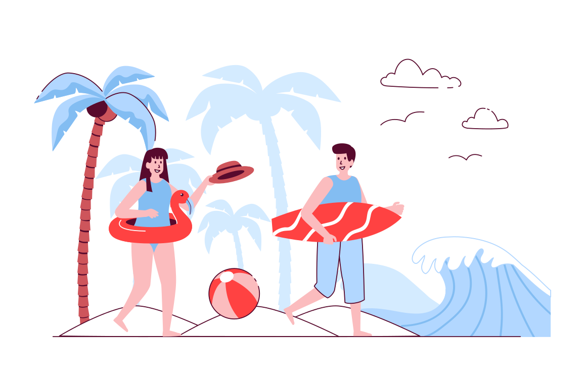 Couple on beach with surfboard and inflatable ring float