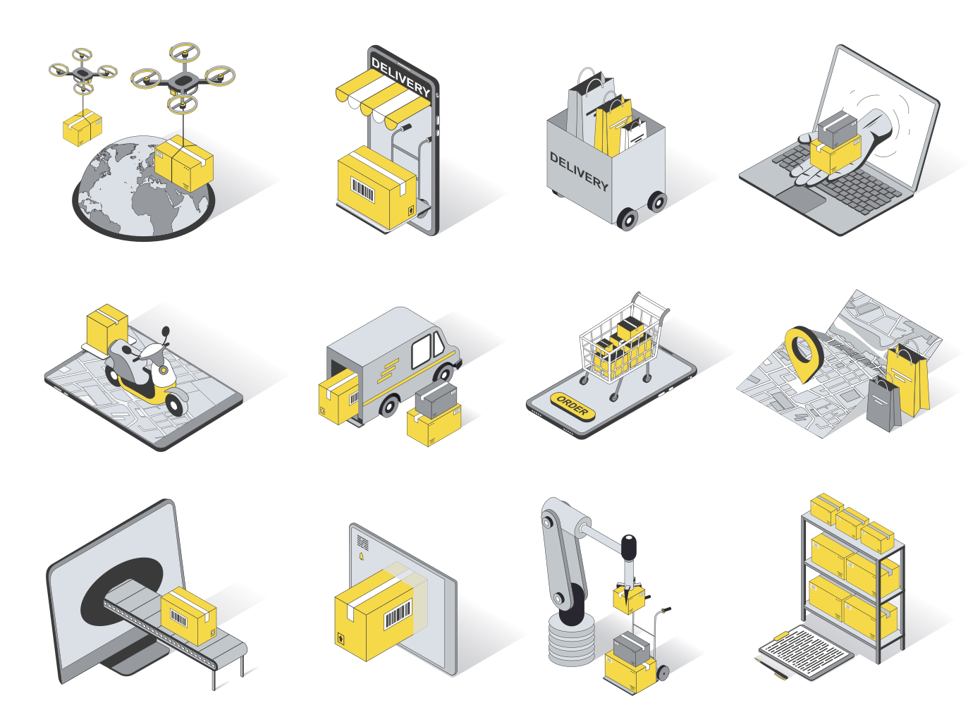 Isometric icons of logistics and delivery services
