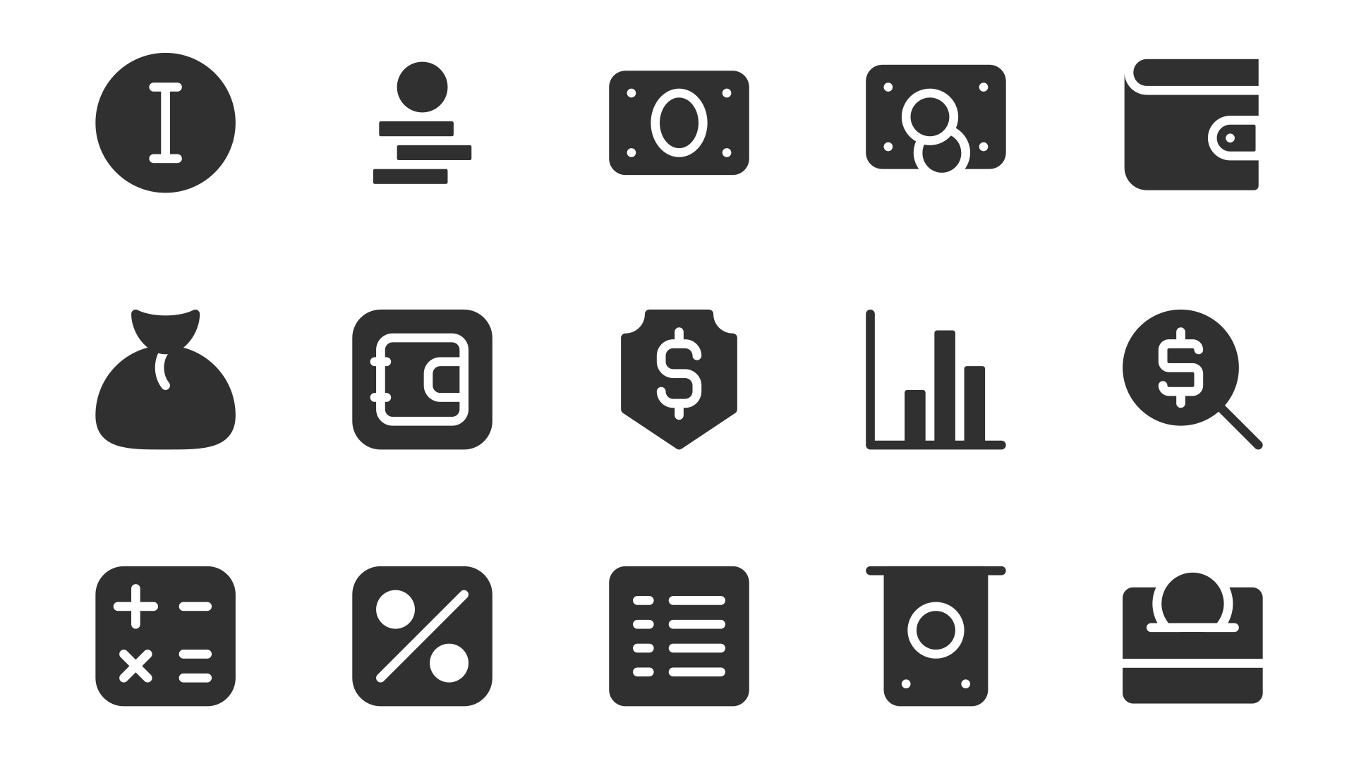 Financial icons including money, wallet, and calculator.