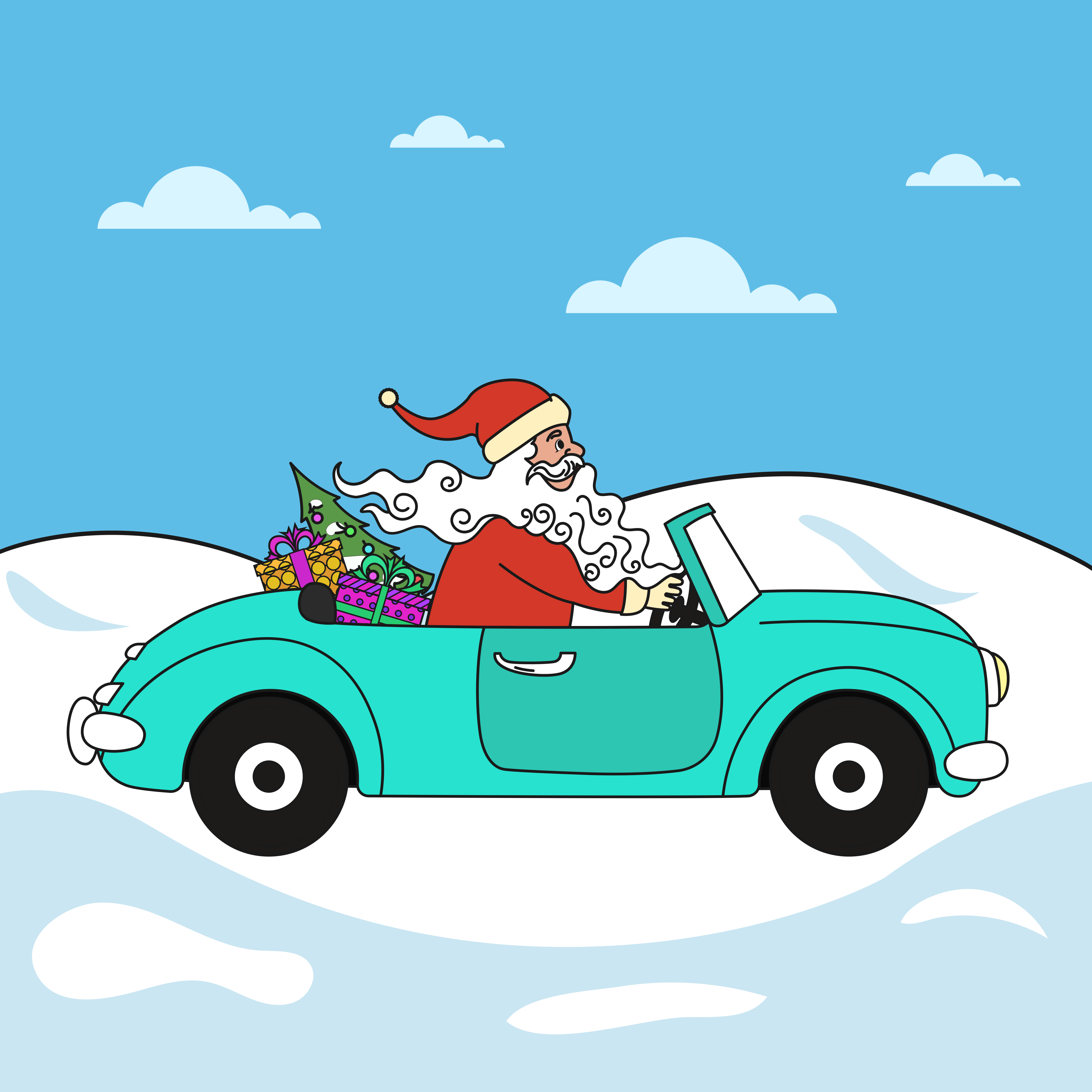 Santa claus driving a car with gifts and tree