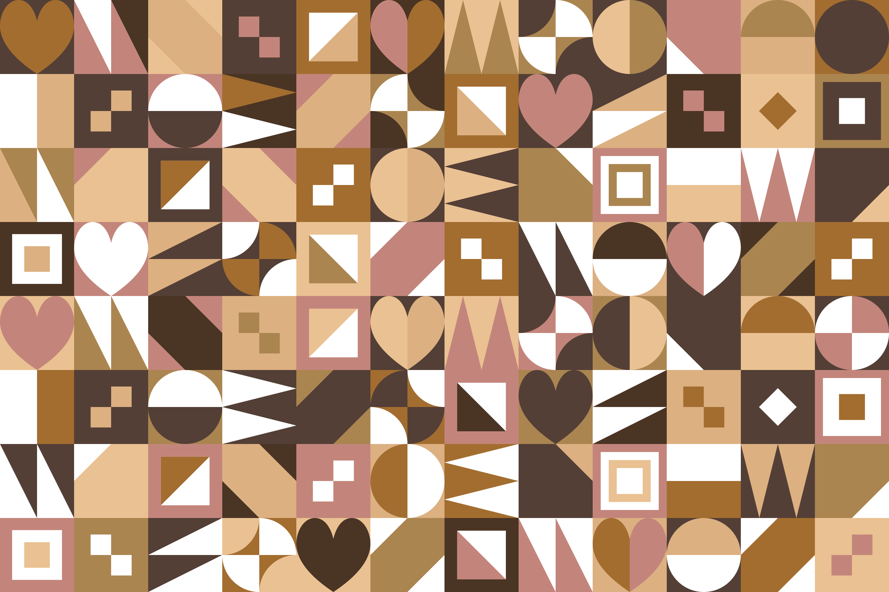 Padrão geométrico com corações, quadrados e círculos
