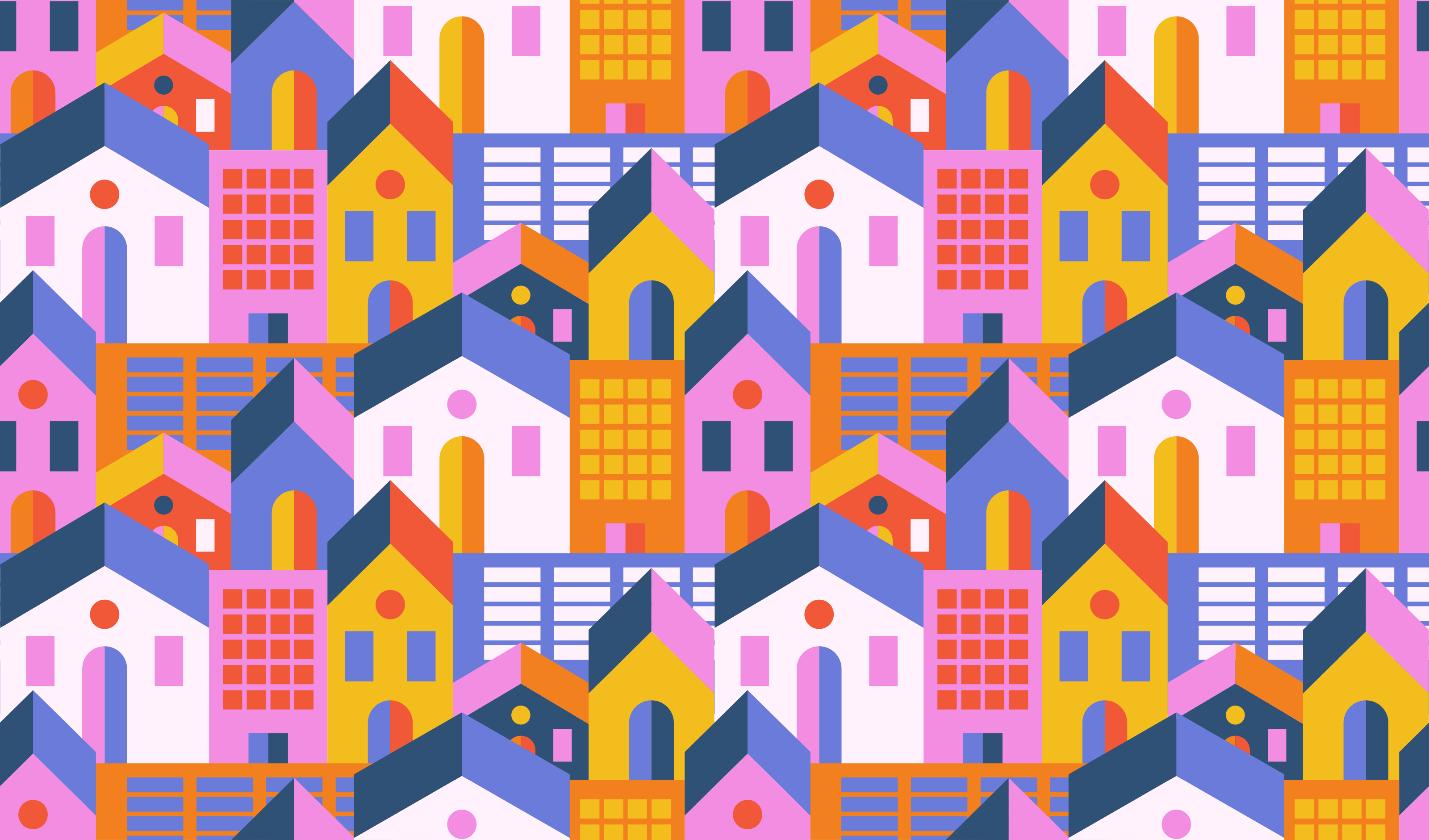 Buntes abstraktes Hausermuster mit geometrischen Formen – symbolisch für kreative, datengetriebene Stadtentwicklung
