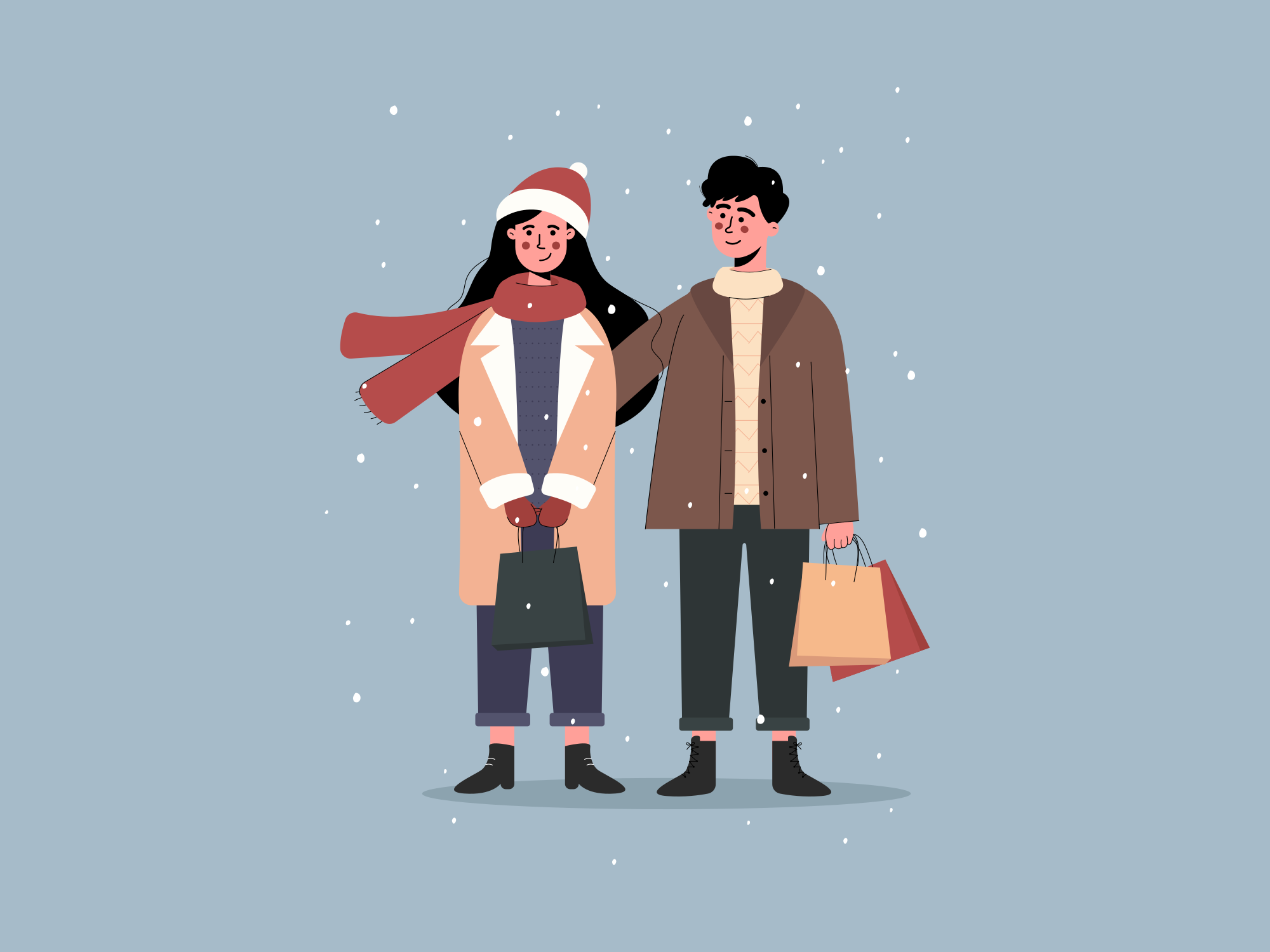 Couple in winter clothes with shopping bags