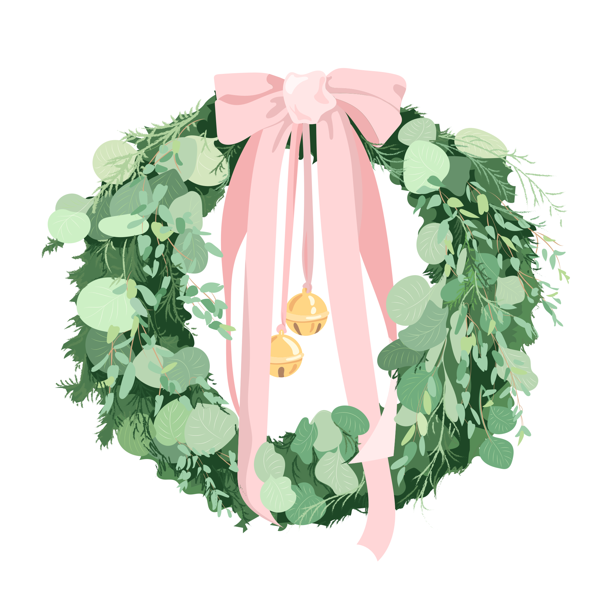 A green wreath with a pink bow and bells.