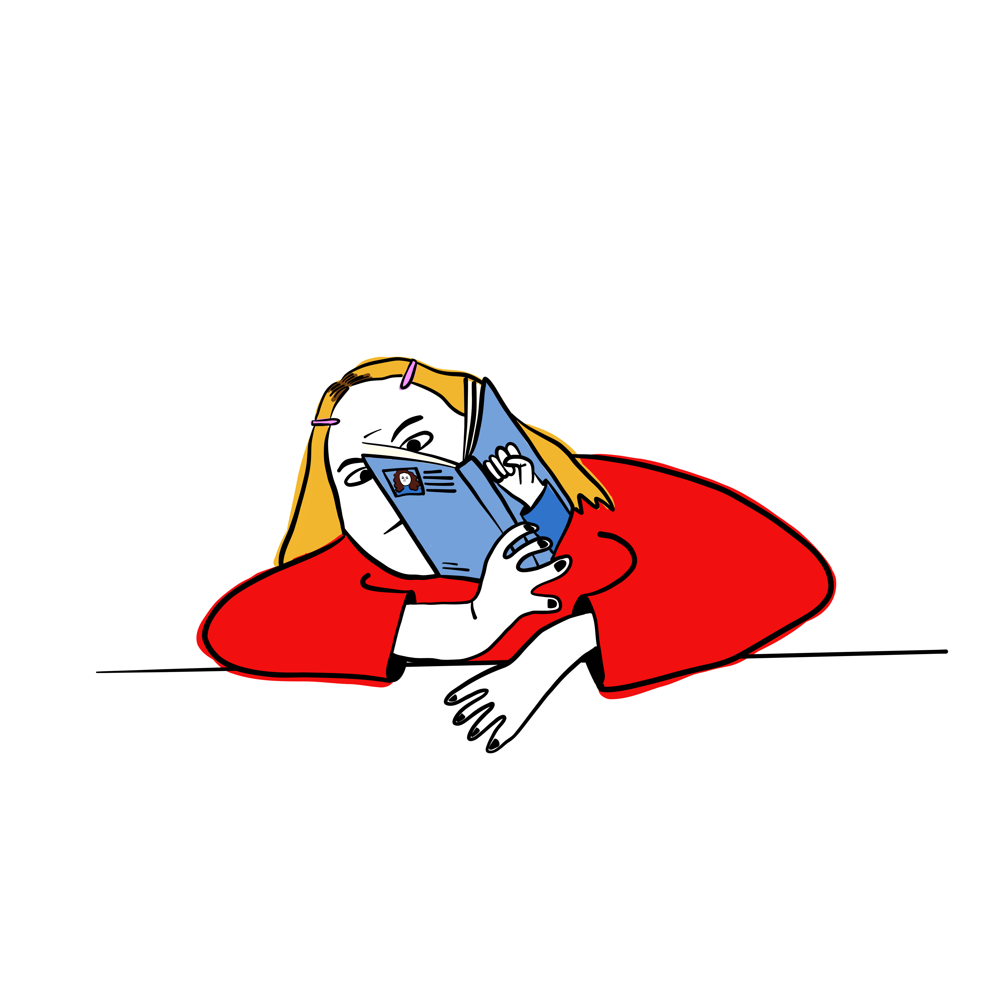 A person wearing a red shirt reads a book.