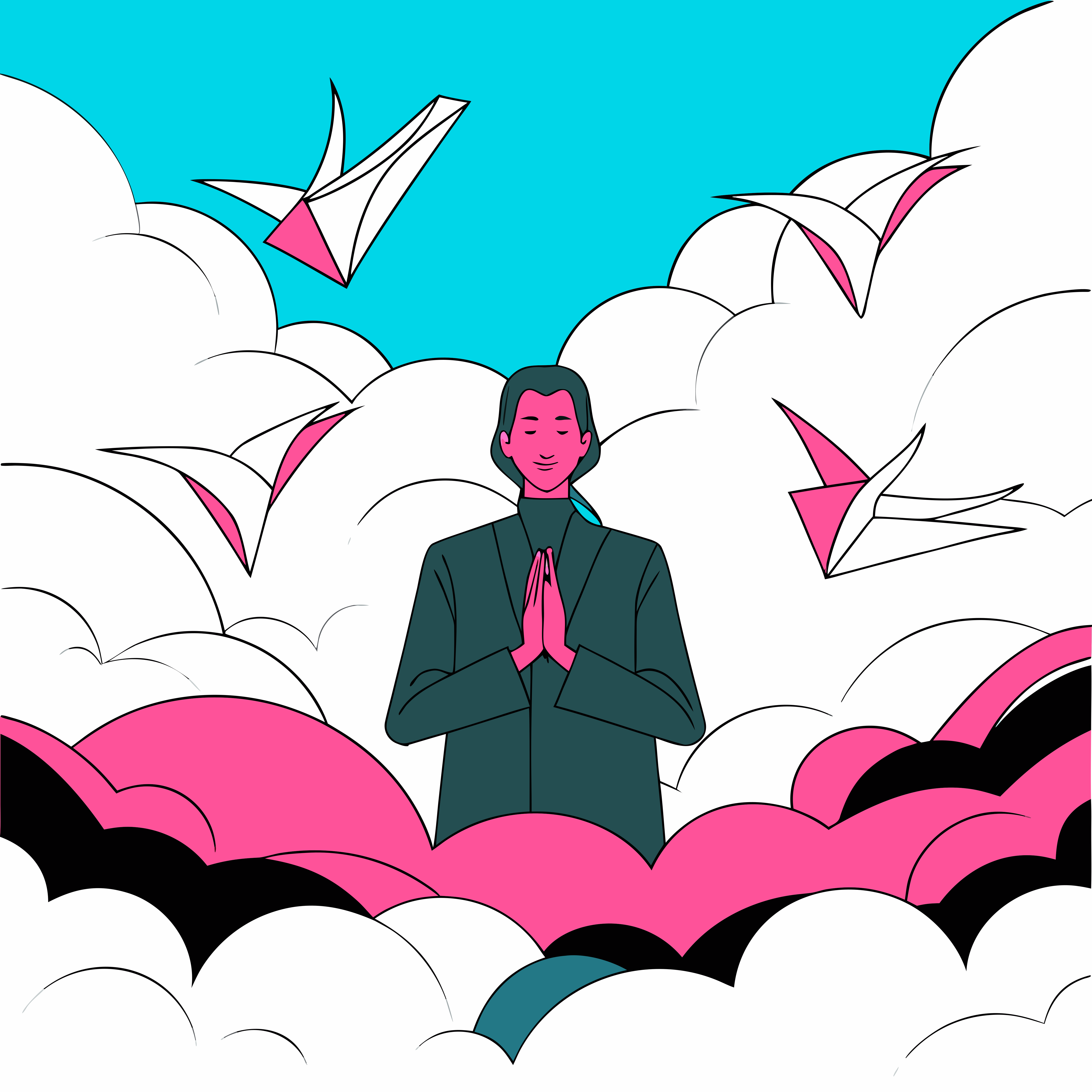 Person meditating among stylized clouds and birds.