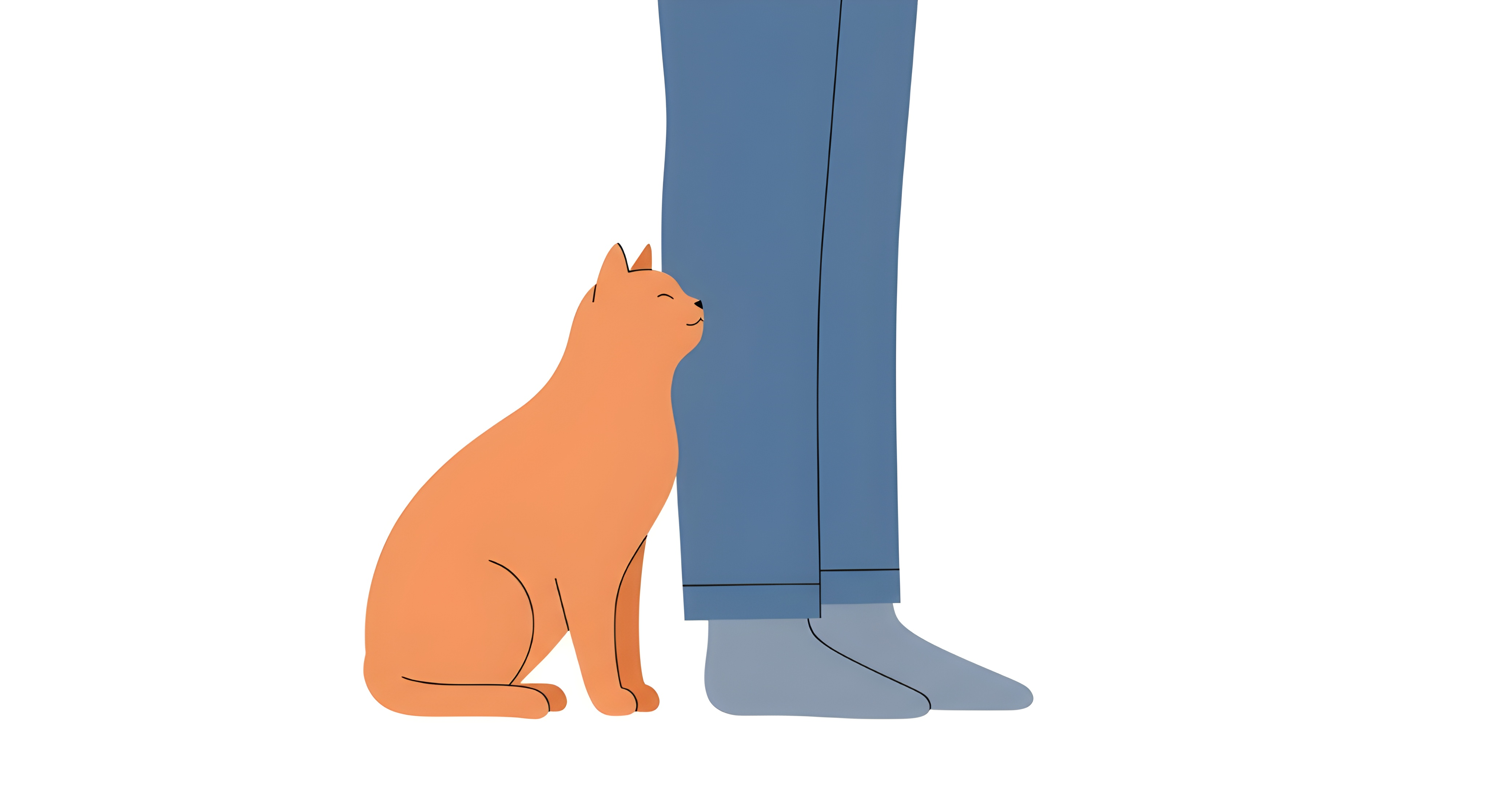 Eine orangefarbene Katze sitzt neben den Beinen einer Person.