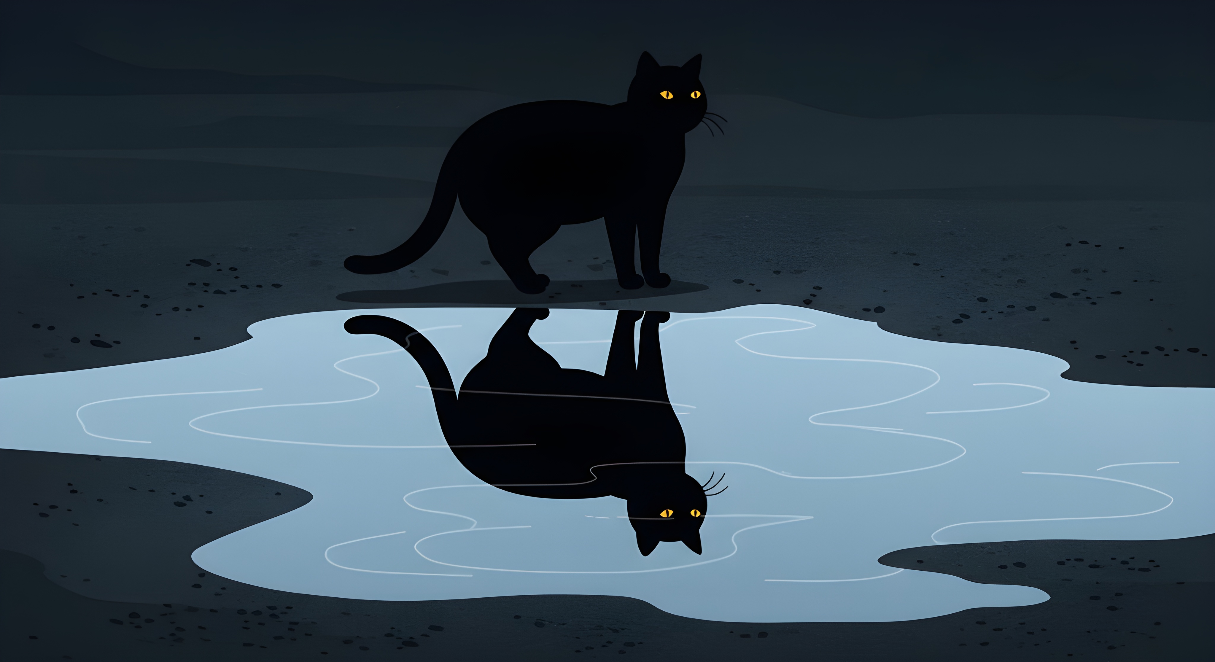 A black cat looking at its reflection in water.