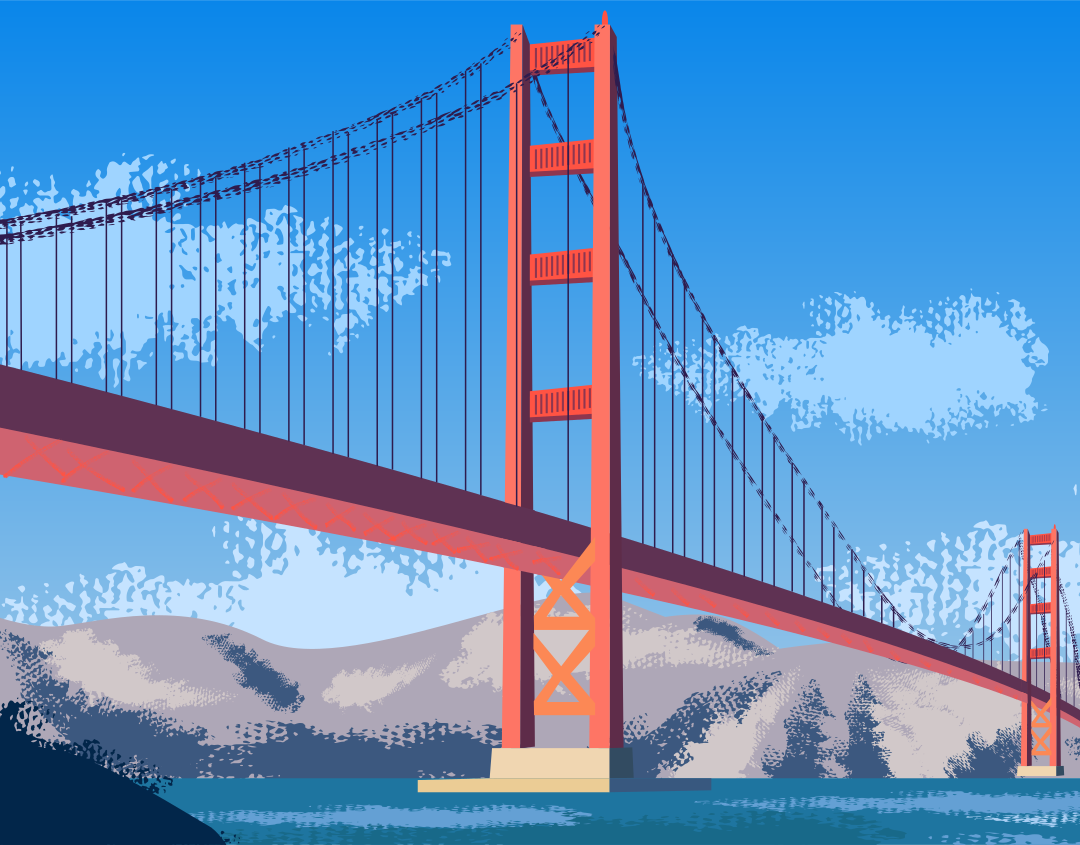 Le pont de la porte dorée sous un ciel bleu clair.