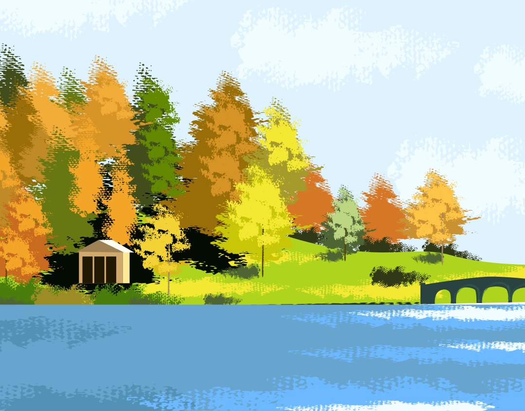 Autumn trees line a lake with a small building.