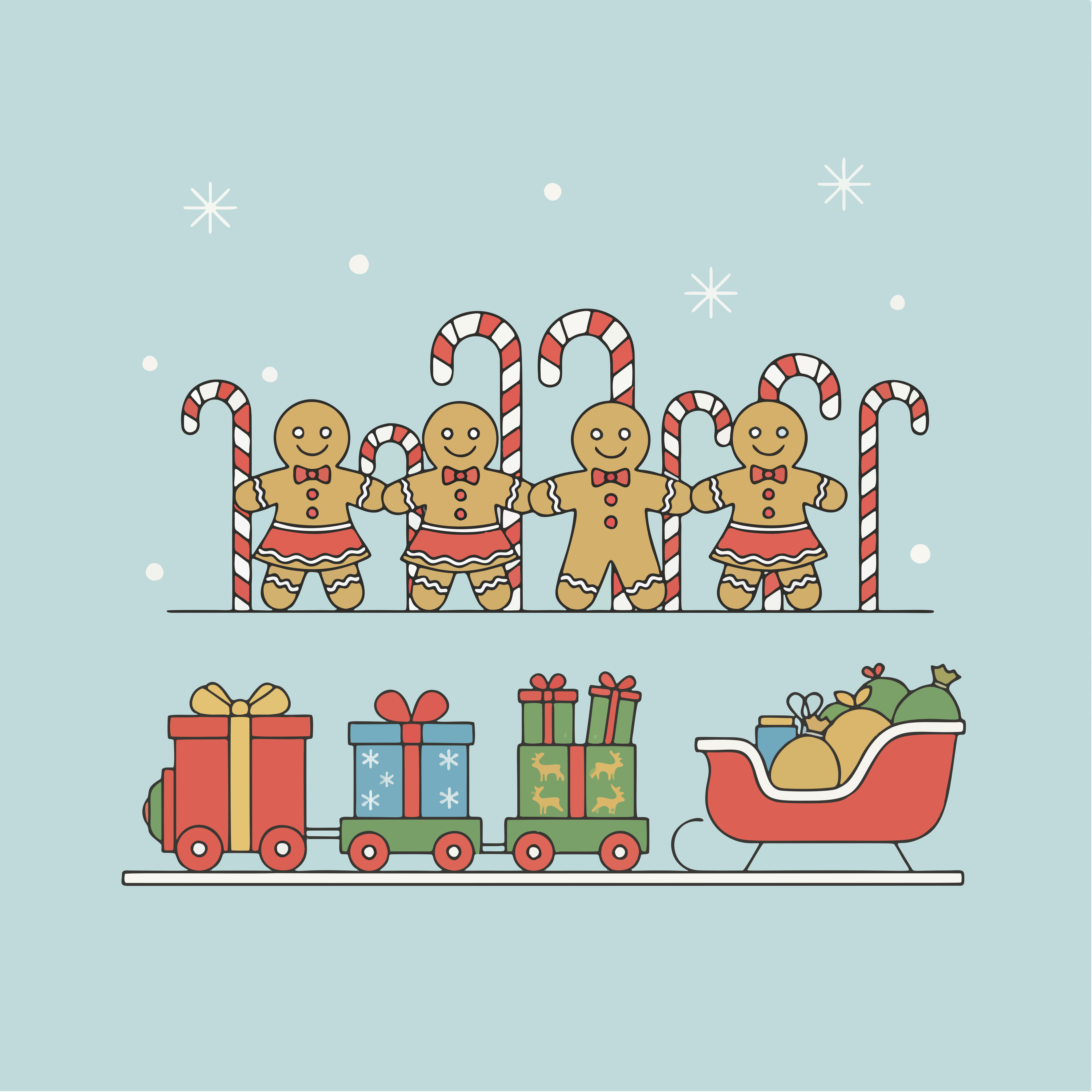 Gingerbread family with candy canes and christmas train