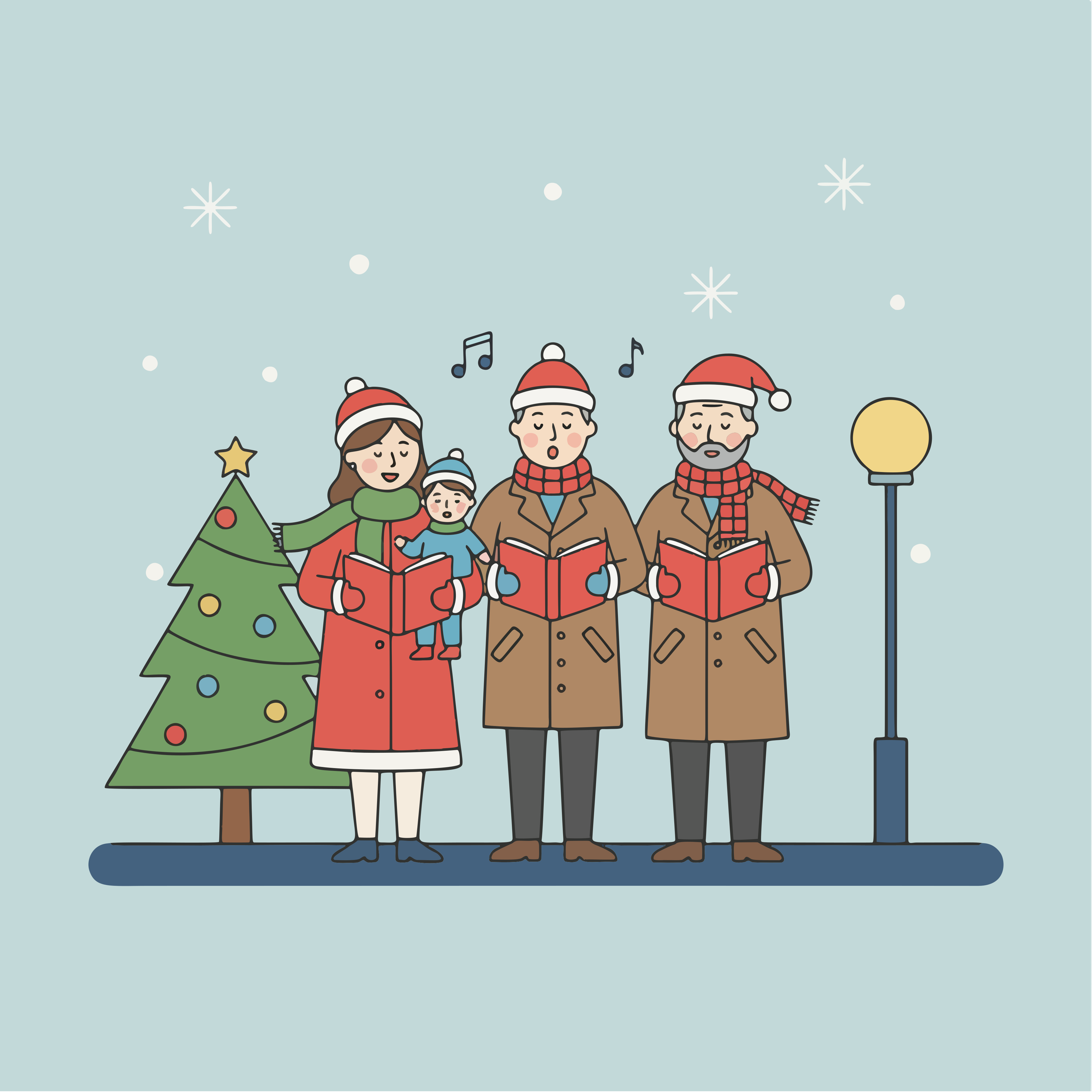 Family singing christmas carols on a snowy day.