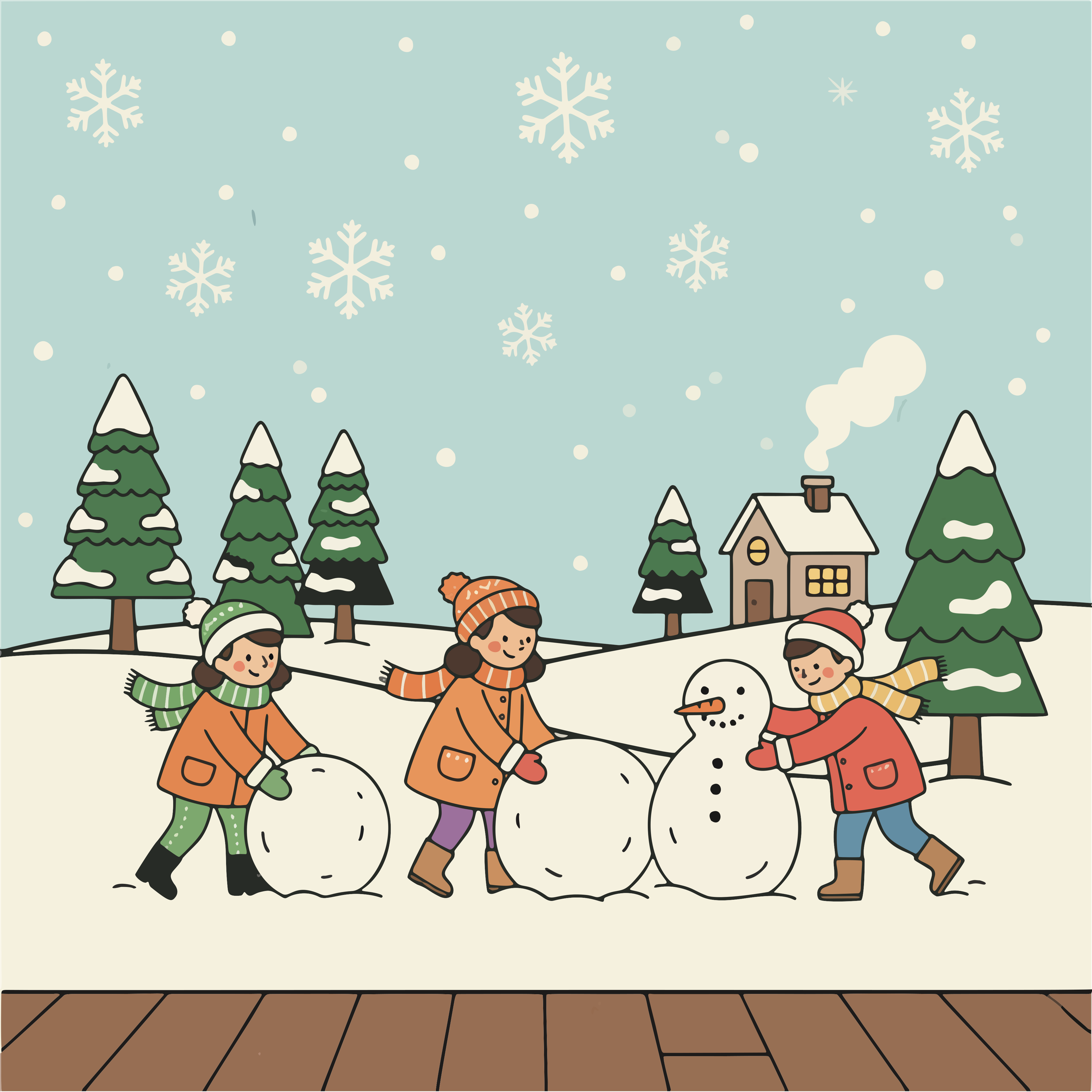 Children building a snowman in a snowy landscape