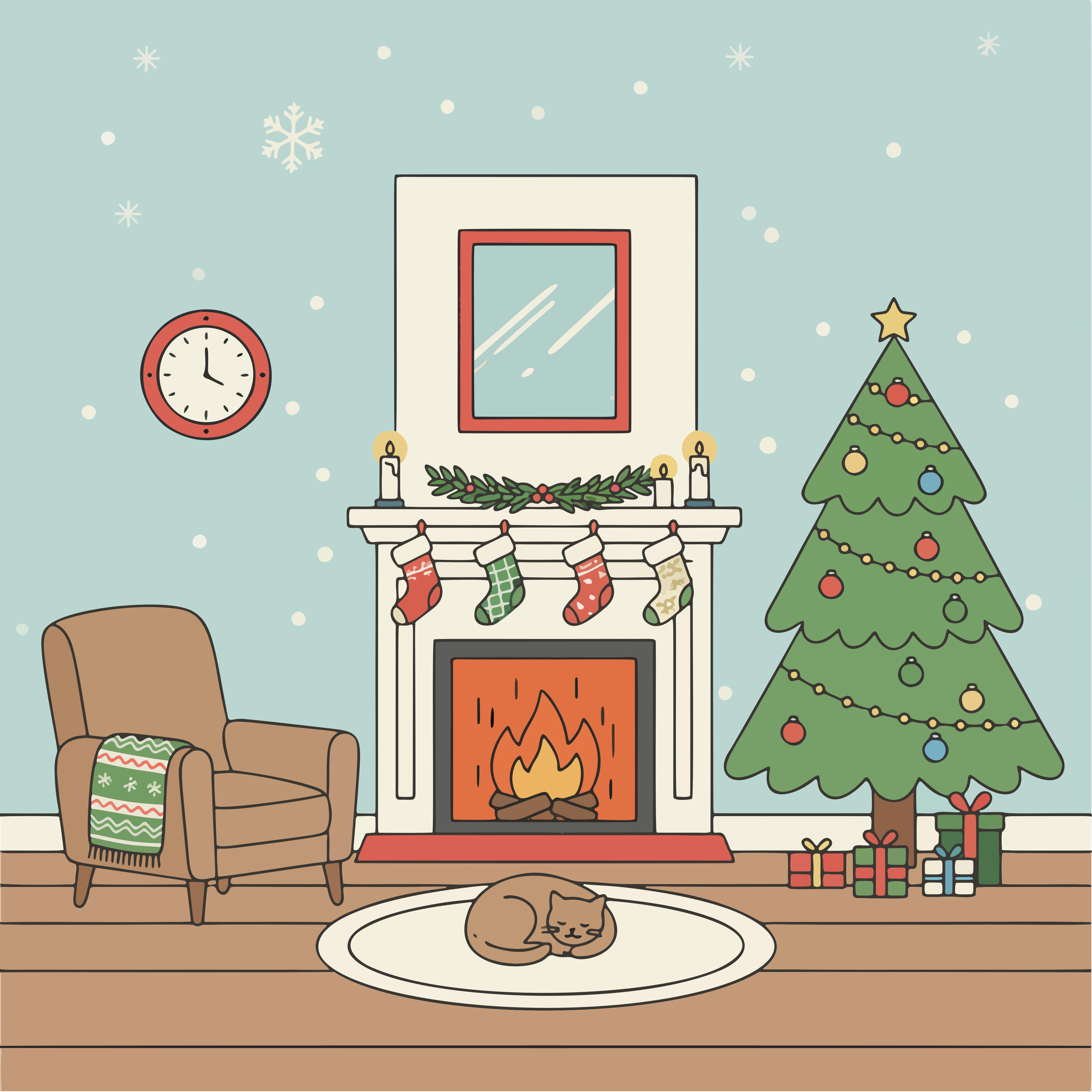Cozy christmas scene with fireplace and tree.