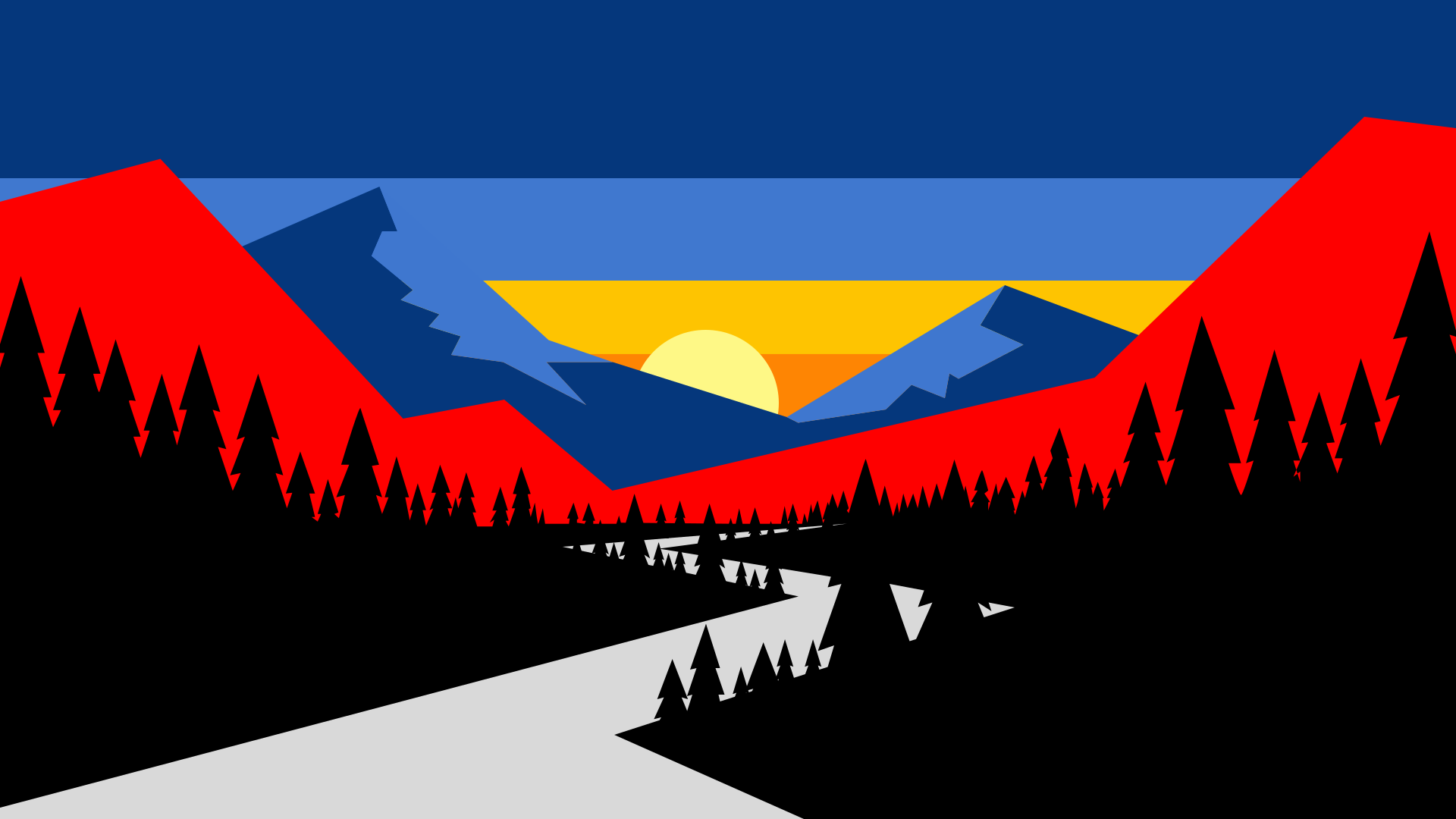 Stylized mountain landscape with river and sunset