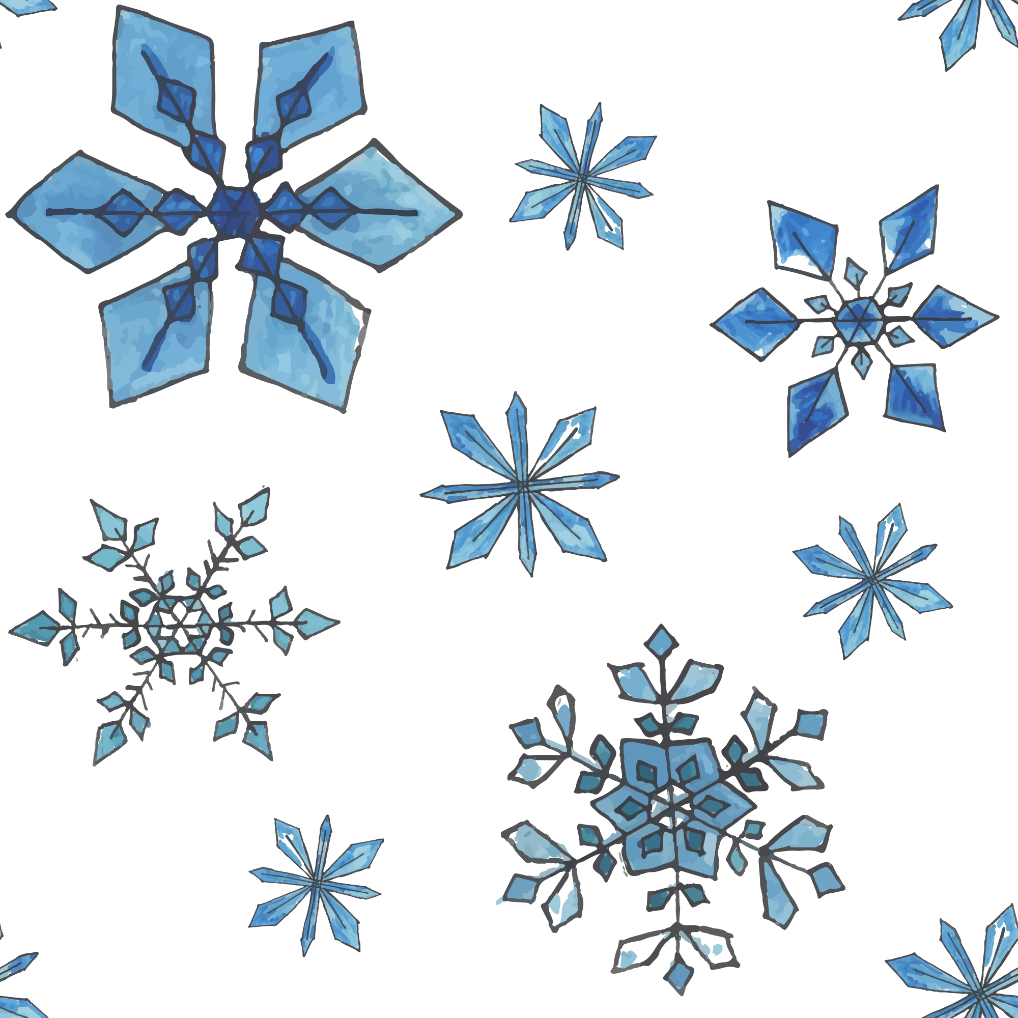 Blue watercolor snowflakes on a white background