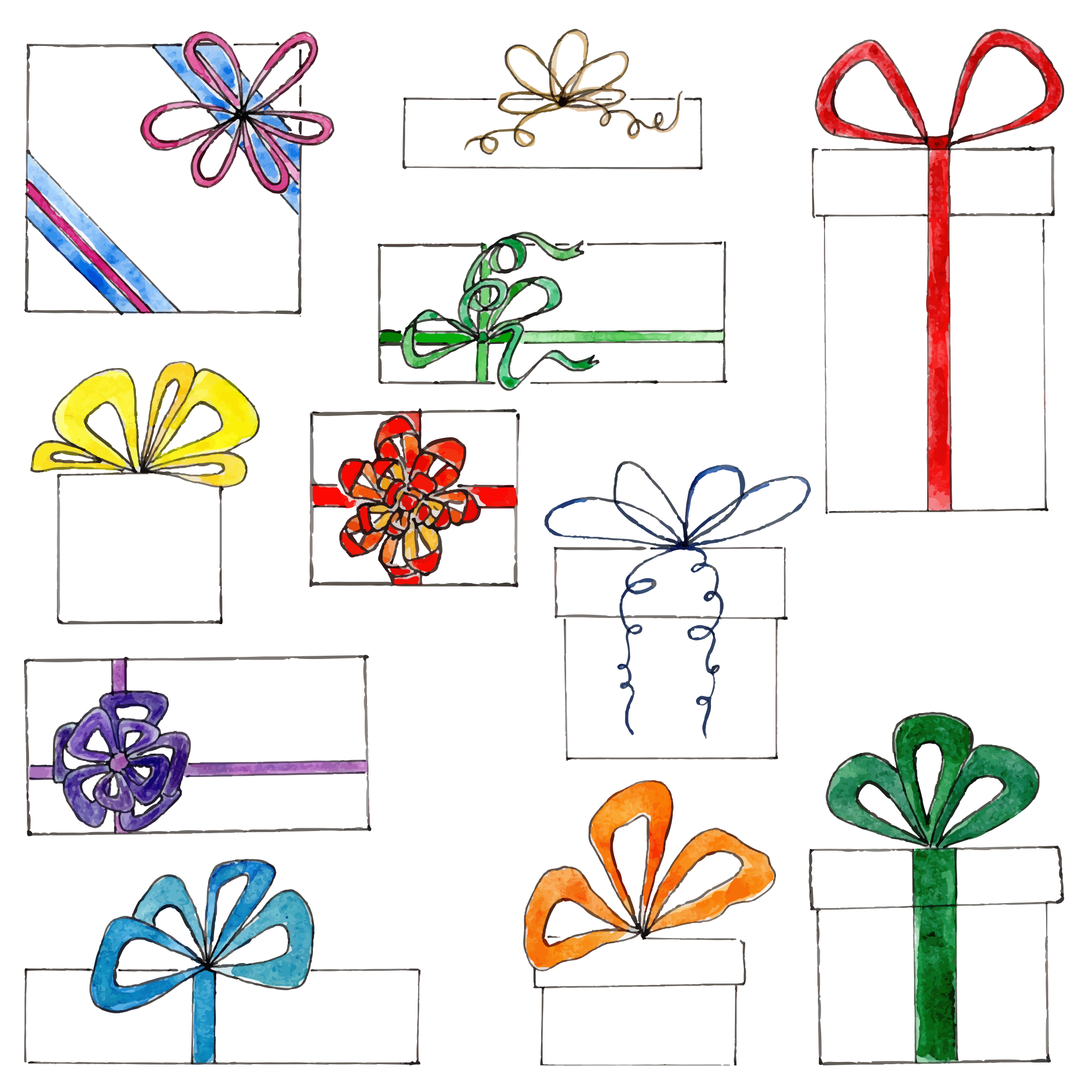 Various watercolor gift boxes with colorful ribbons
