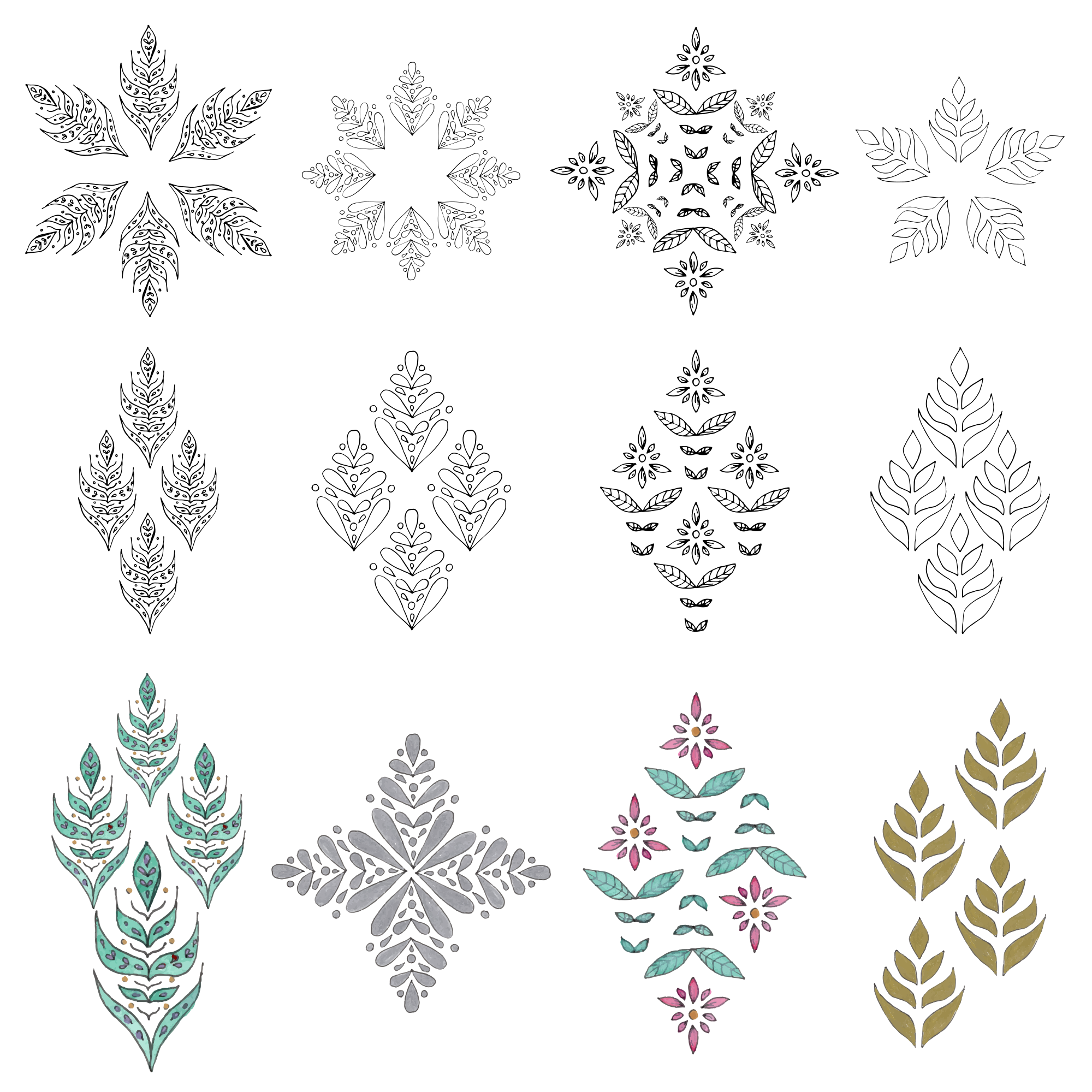 Collection of decorative floral and snowflake motifs