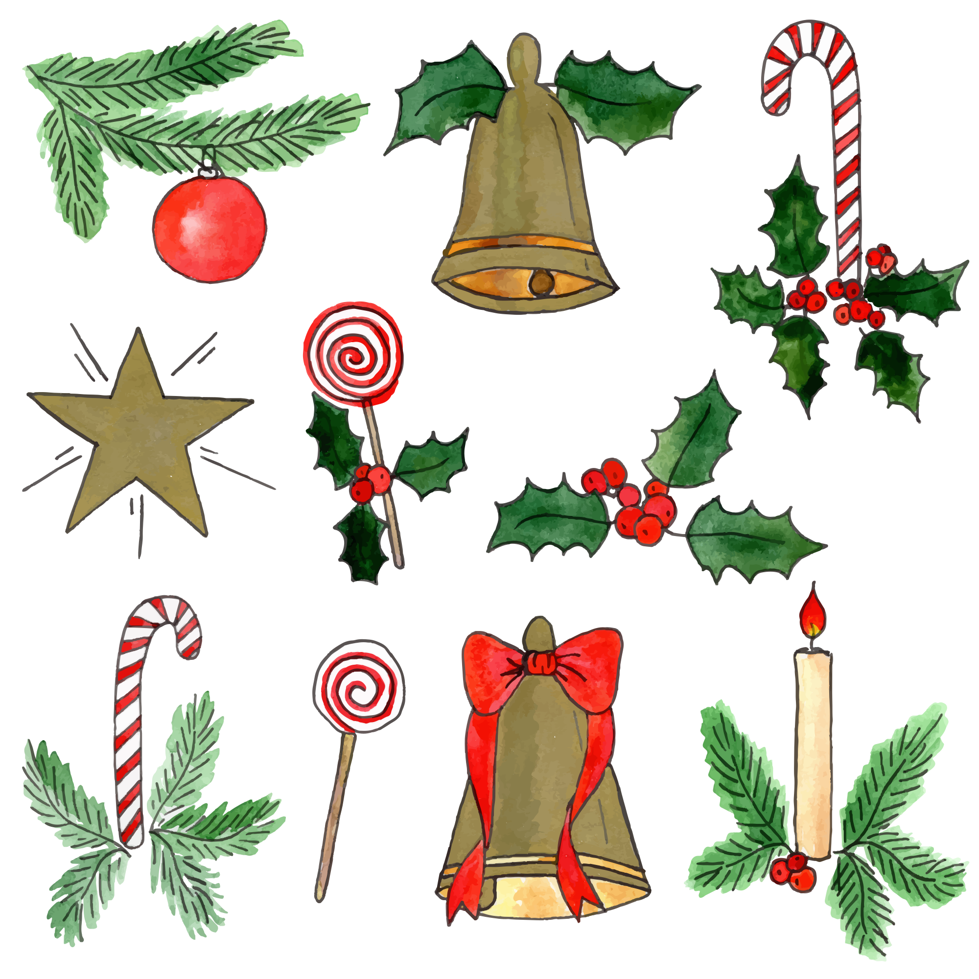 Christmas ornaments and decorations with holly leaves.