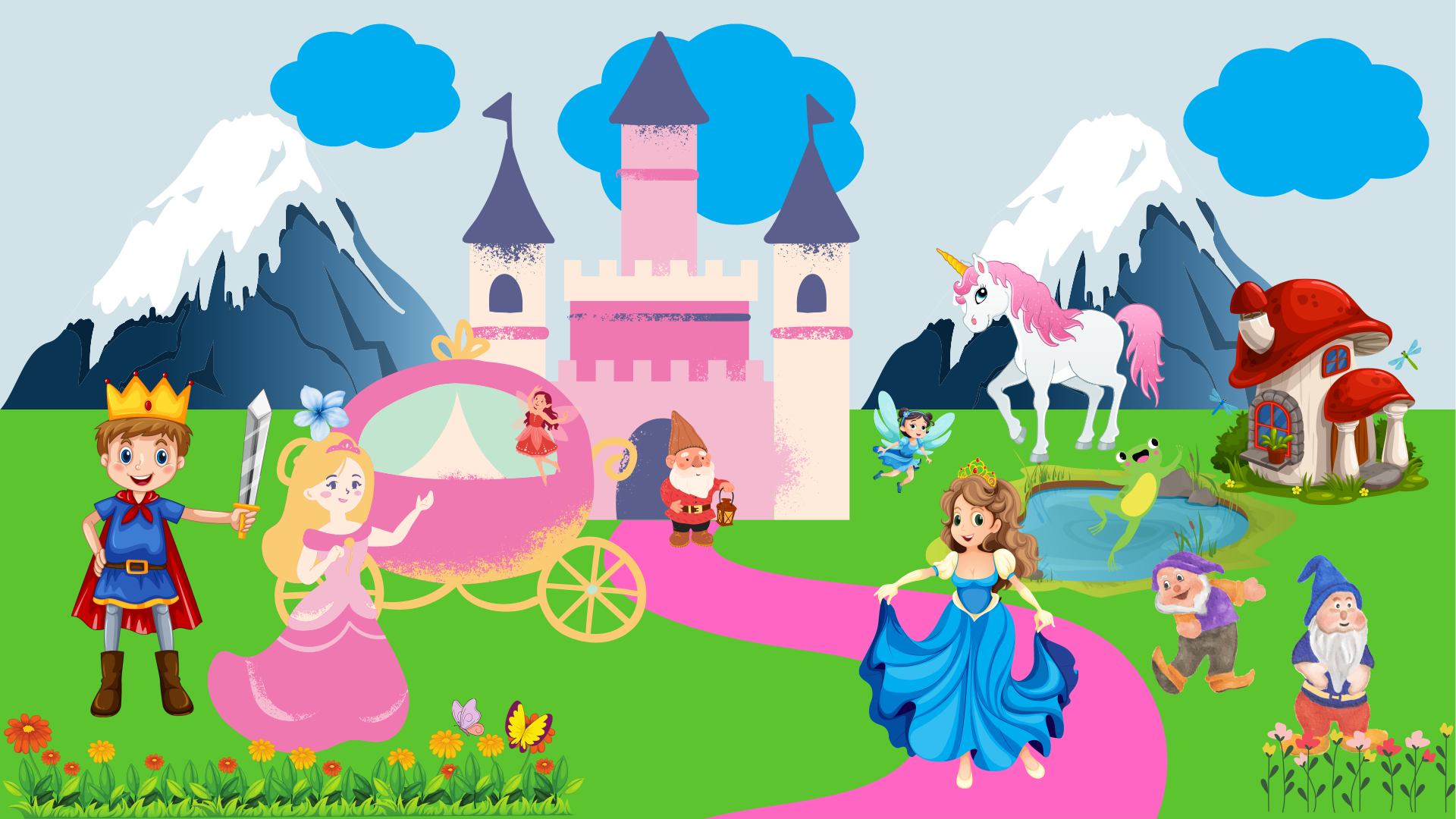 Fairytale scene with prince, princesses, castle, and unicorn