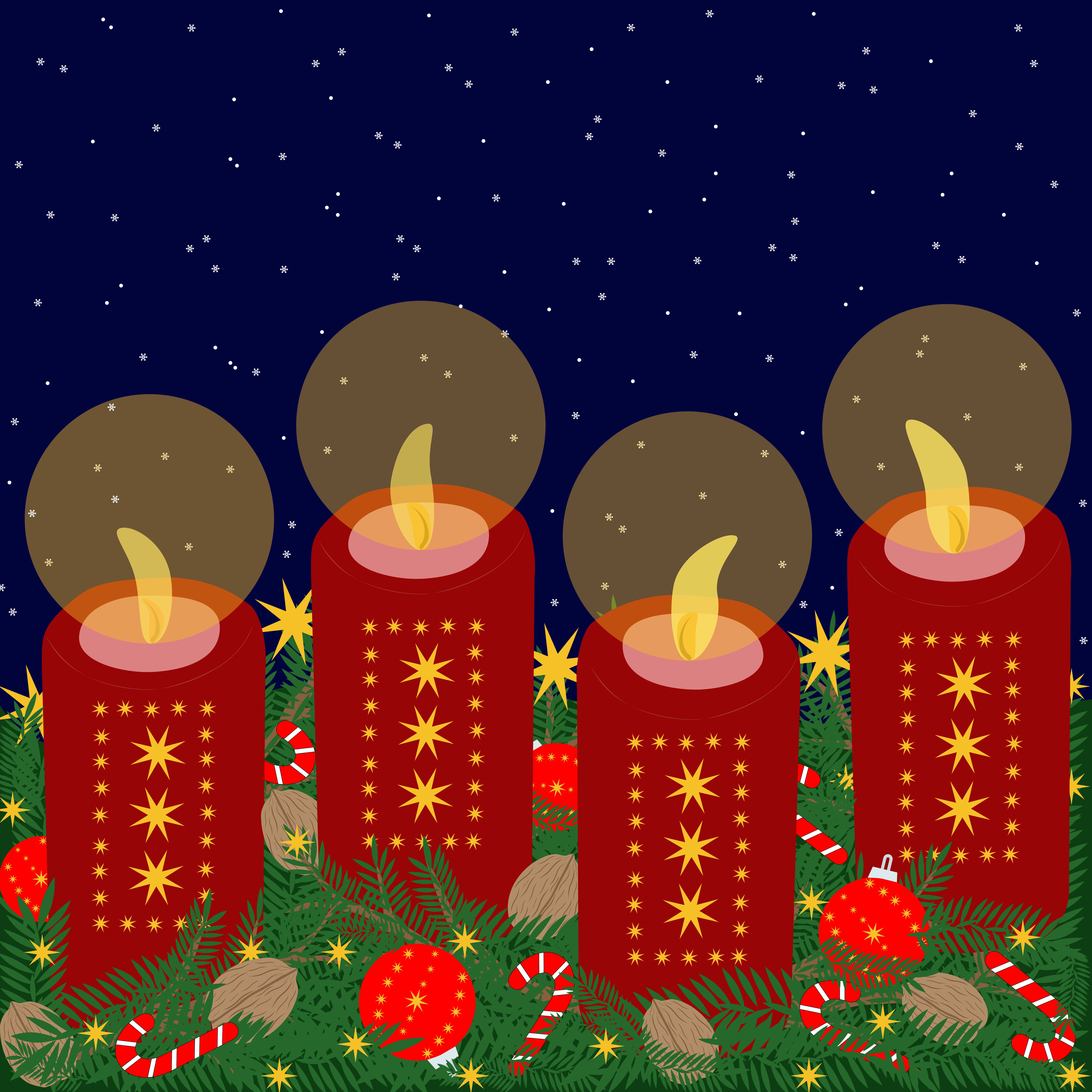 Cuatro velas rojas de adviento con decoraciones festivas